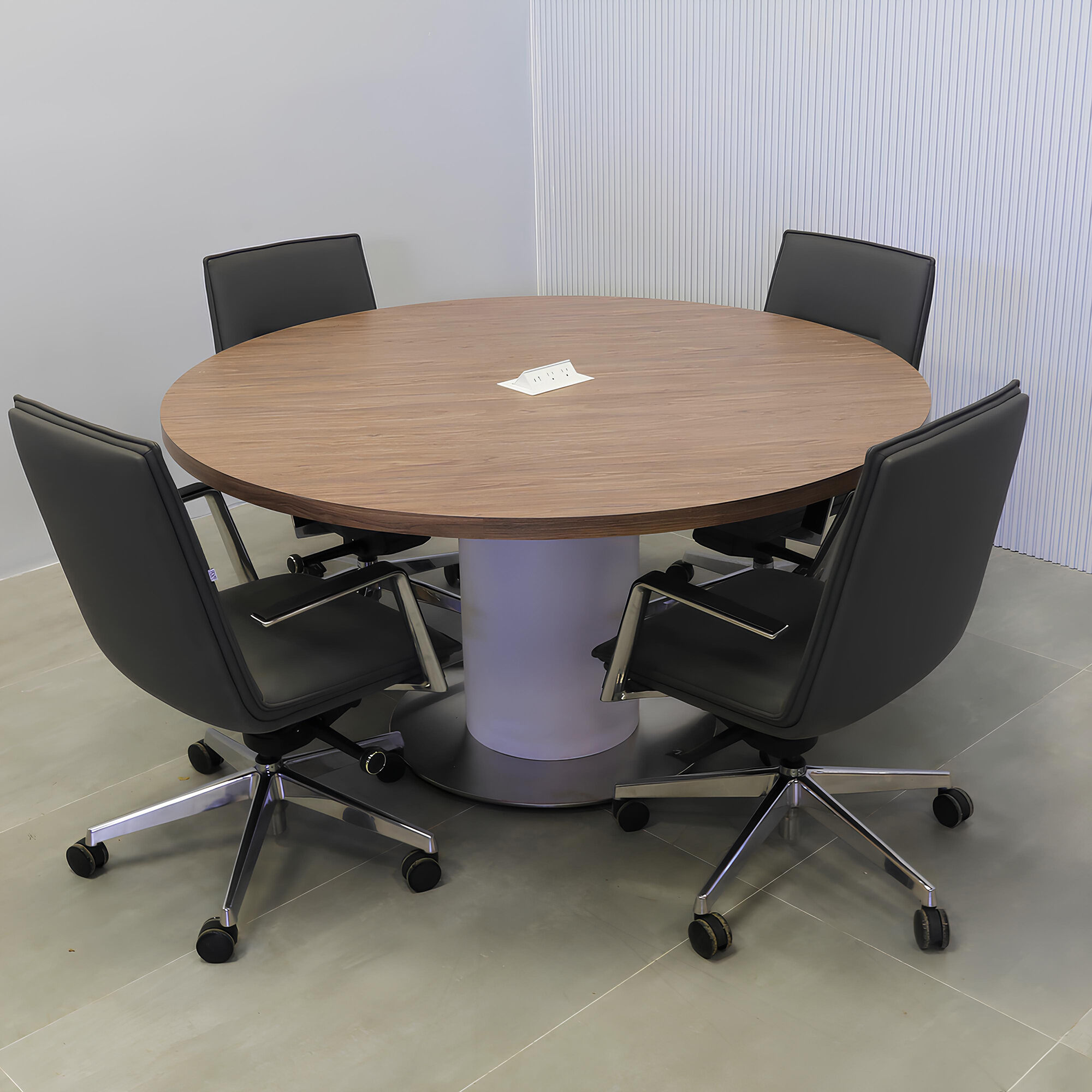 60-inch Newton Round  With Laminate Top in hazel walnut matte laminate, white matte laminate pedestal, silver metal powder-coated base, and white MX2 power box.