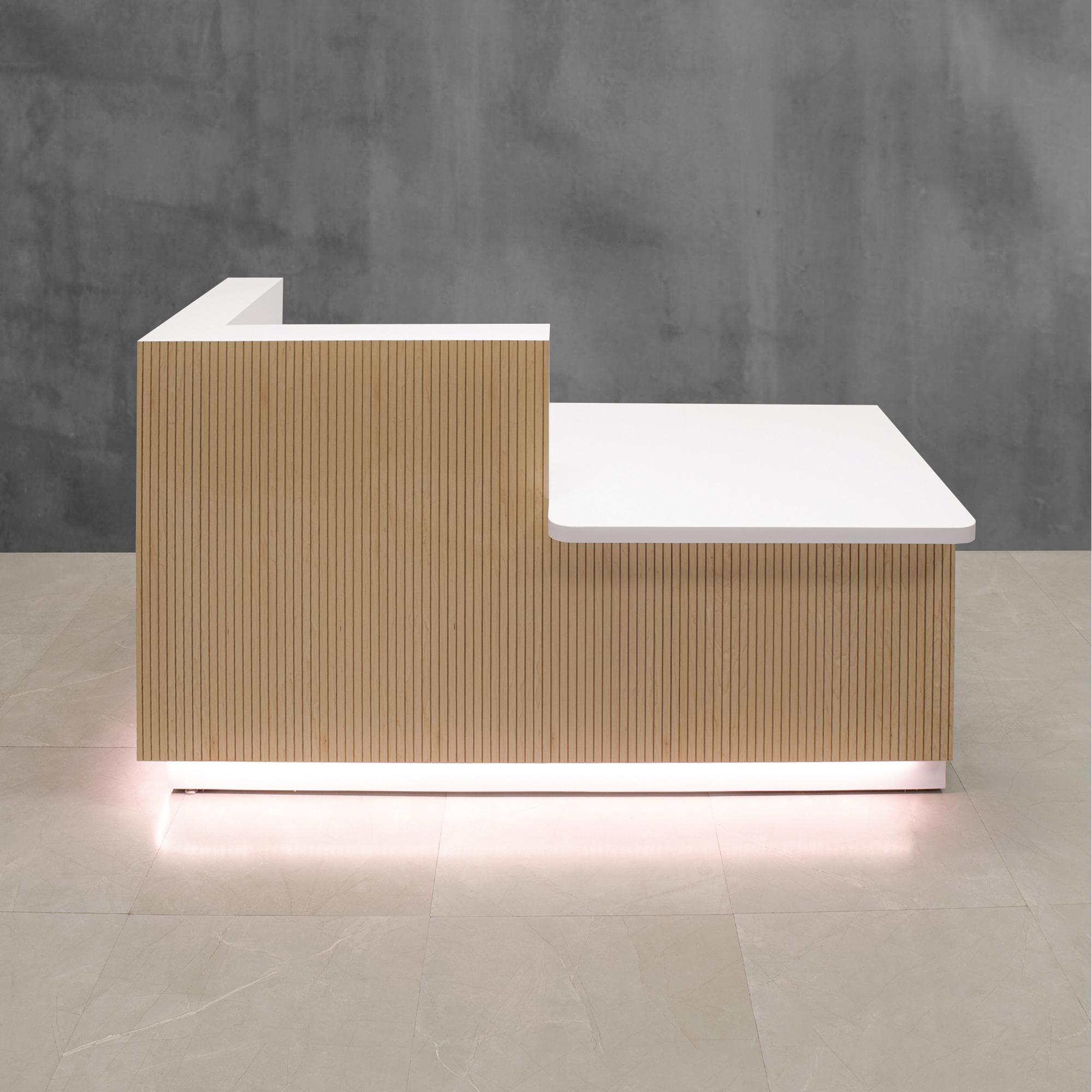 60-inch Dallas ADA Compliant Counter Reception Desk desk counter right side when facing front in maple tambour and white matte laminate workspace and brushed aluminum toe-kick, with white LED, shown here.
