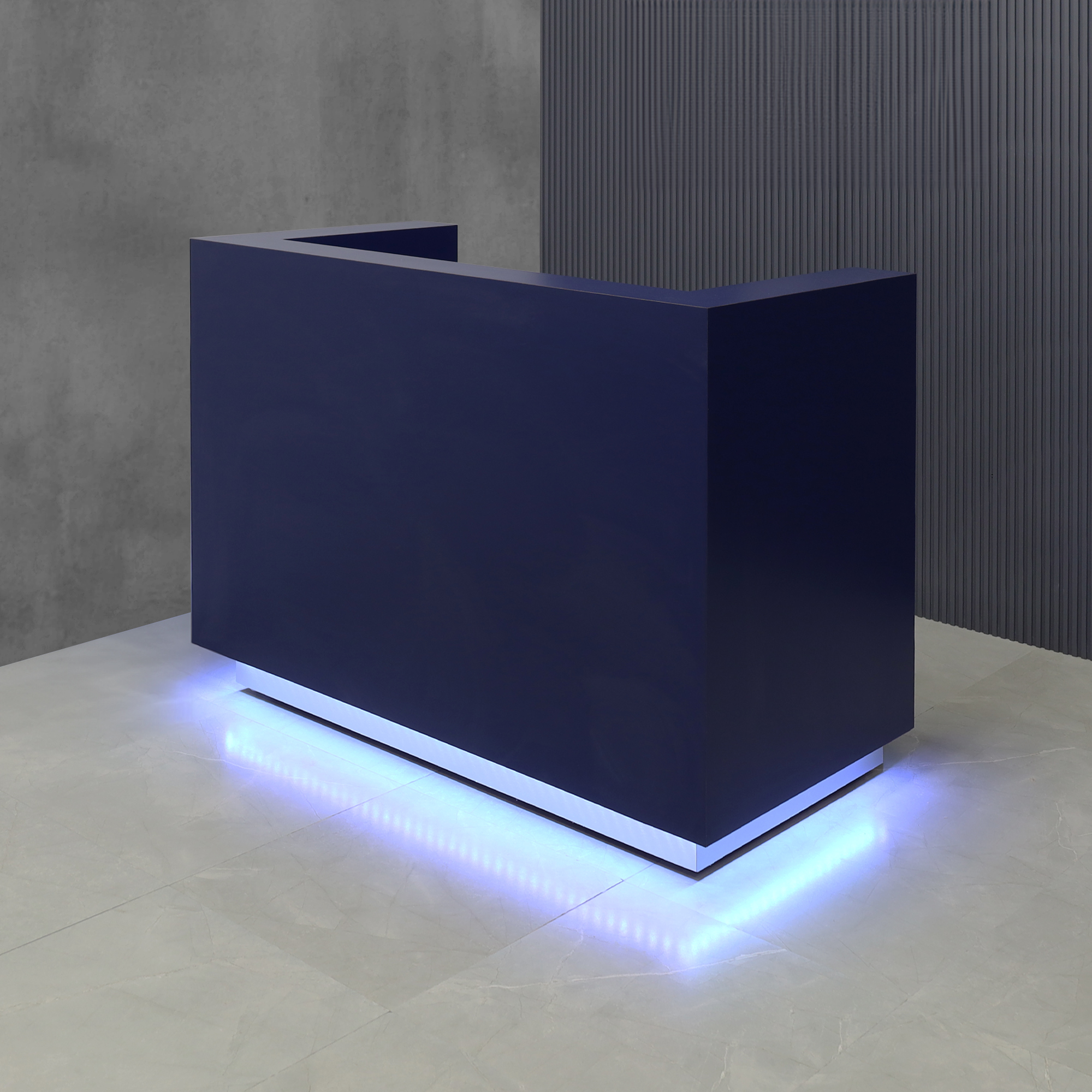 60-inch Dallas U-Shape Custom Reception Desk in navy blue matte laminate main desk and brushed aluminum toe-kick, with color LED, shown here.