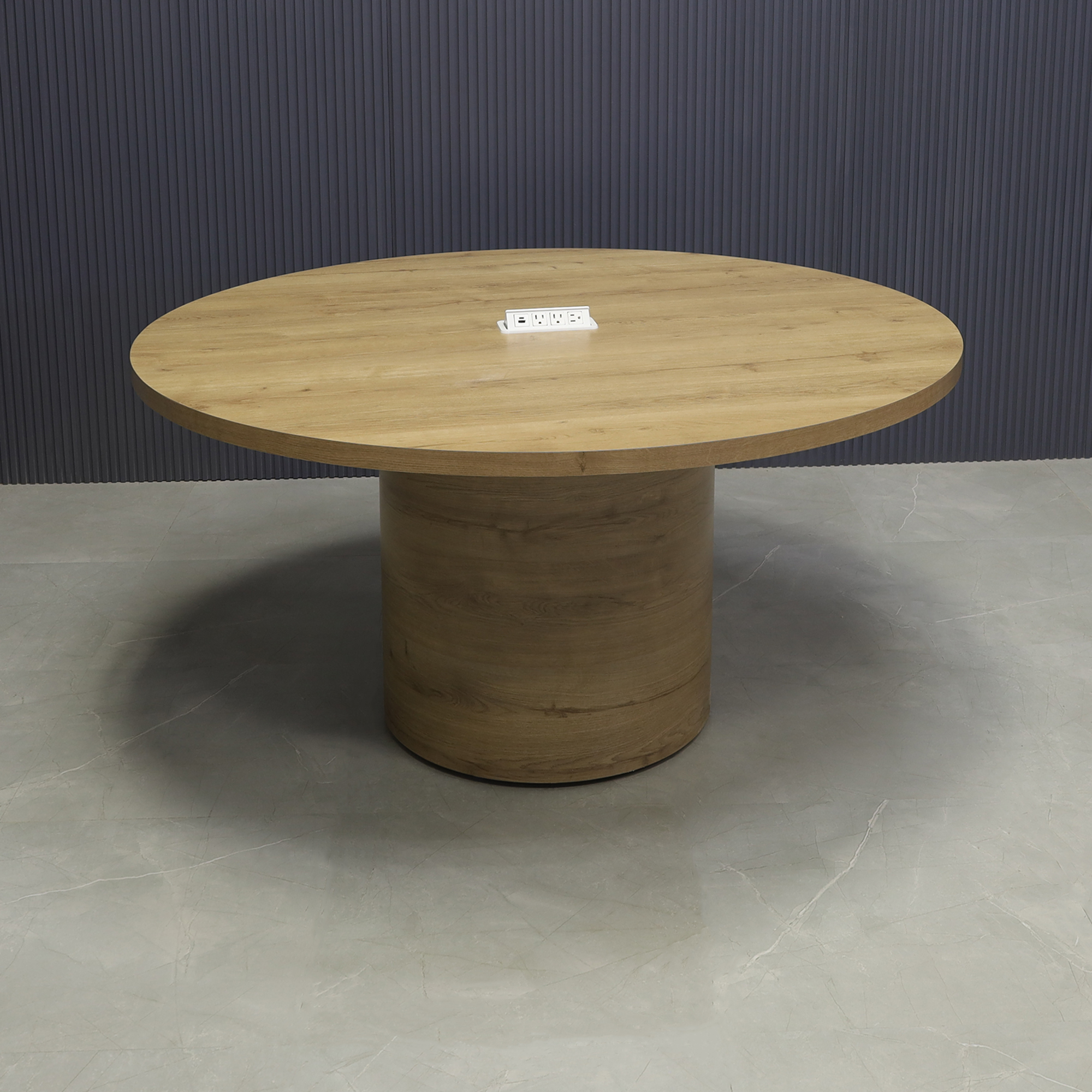 60-inch Newton Round Conference Table in planked urban oak matte laminate top and base, with white powerbox, shown here.