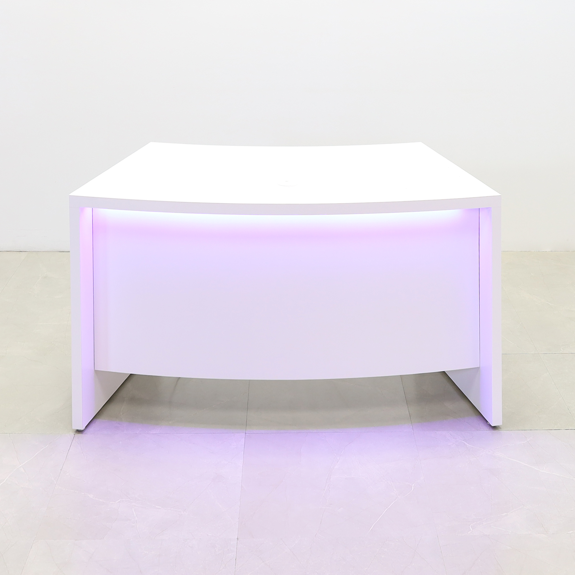 60-inch Seattle Curved Executive Desk in white matte laminate desk and front panel with colored-LED shown here.