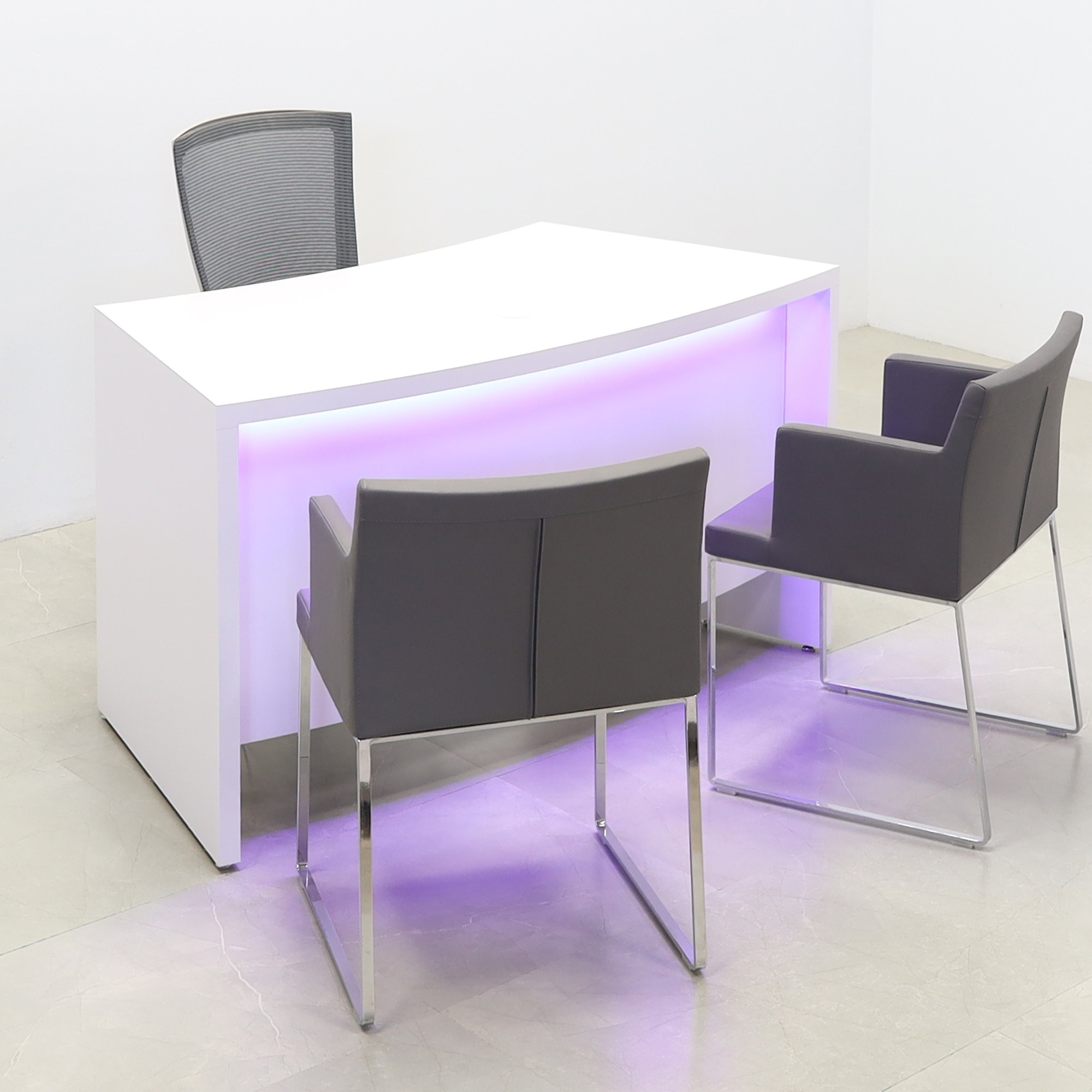 60-inch Seattle Curved Executive Desk in white matte laminate desk and front panel with colored-LED shown here.