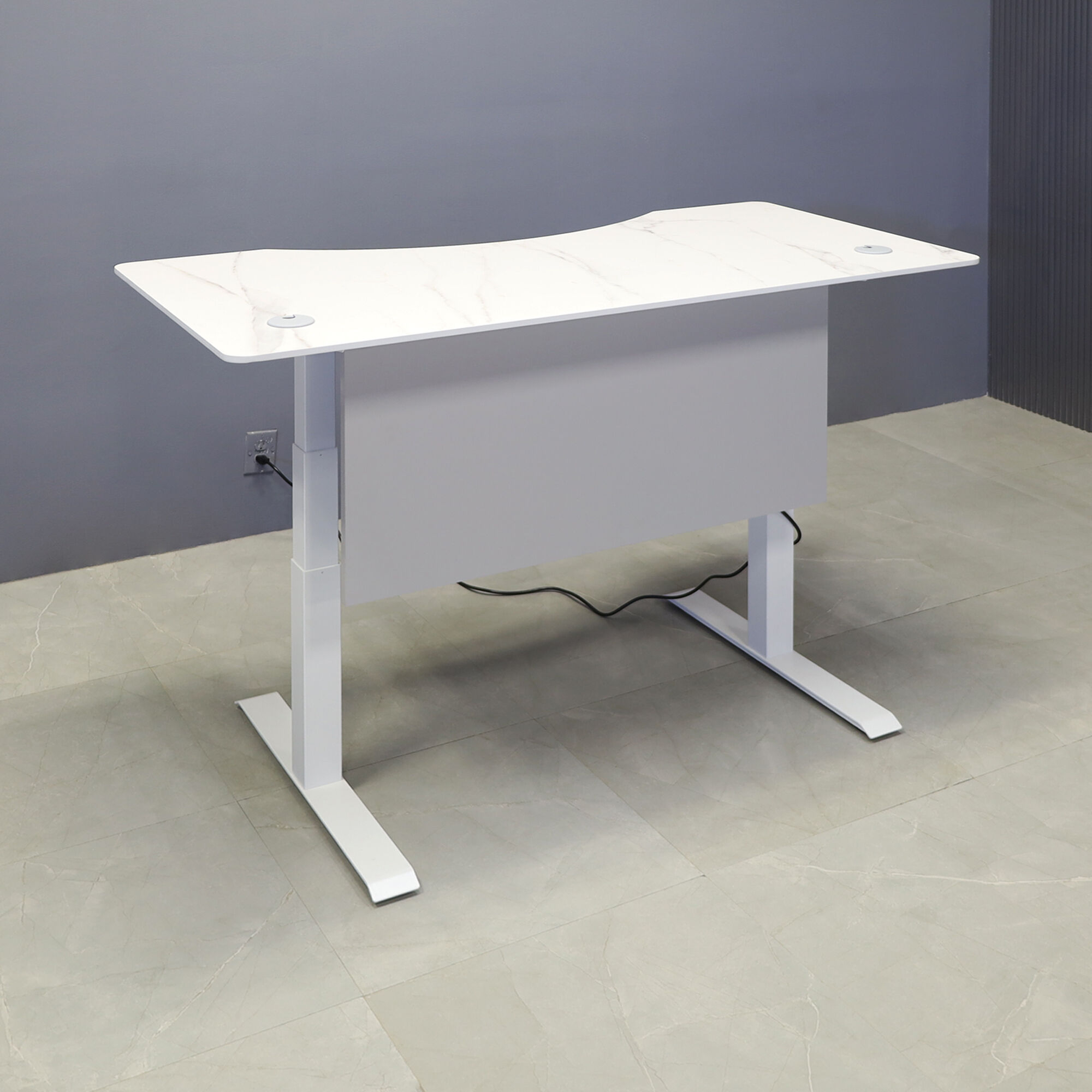 60-inch aXis Sit-stand Executive Desk in 1/2-inch solenne marble engineered surface top, folkstone matte laminate privacy panel and white metal base finish.