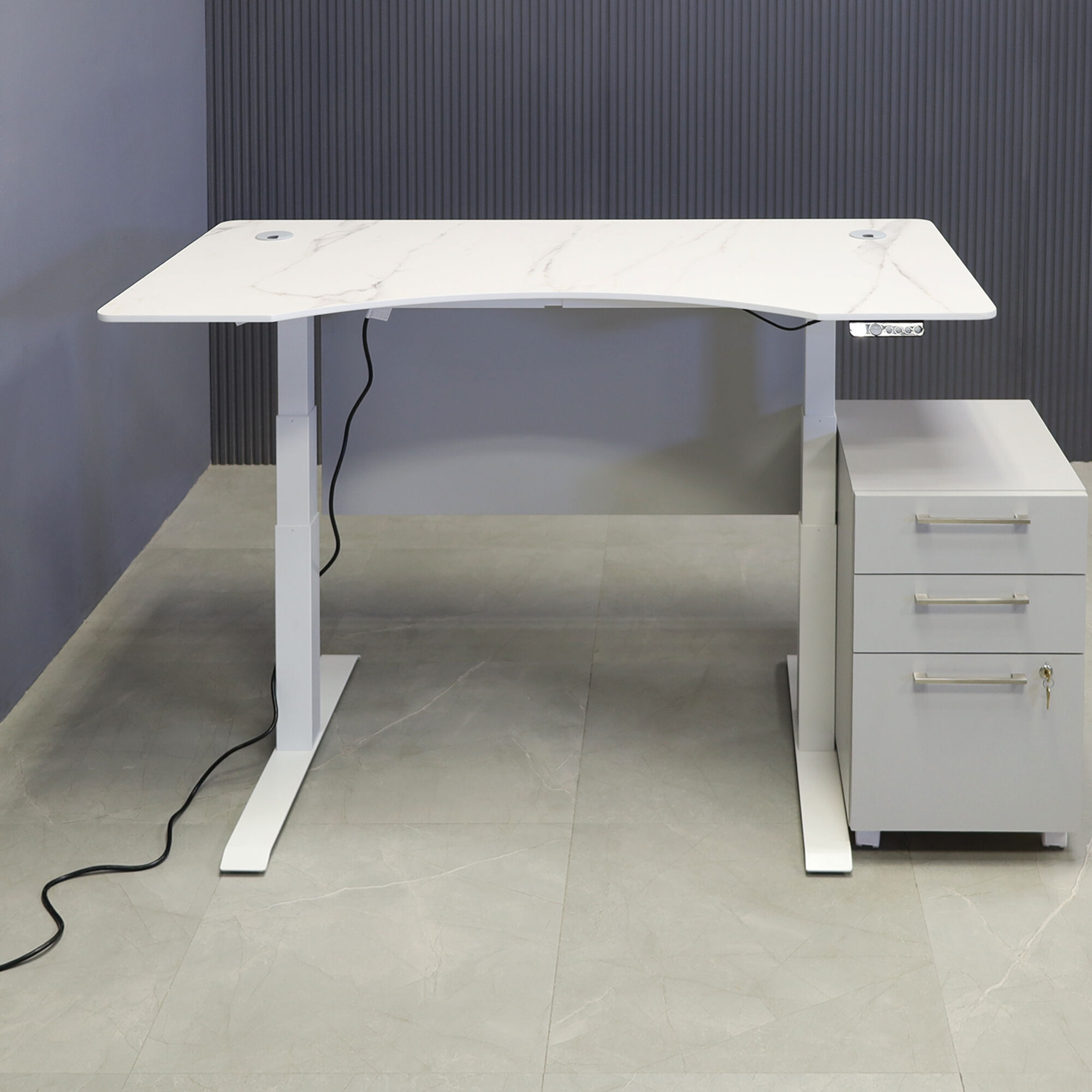 60-inch aXis Sit-stand Executive Desk in 1/2-inch solenne marble engineered surface top, folkstone matte laminate privacy panel and white metal base finish.