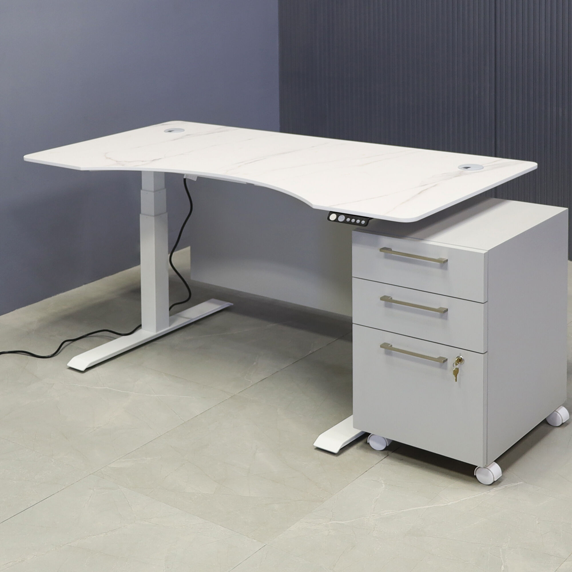 60-inch aXis Sit-stand Executive Desk in 1/2-inch solenne marble engineered surface top, folkstone matte laminate privacy panel and white metal base finish.