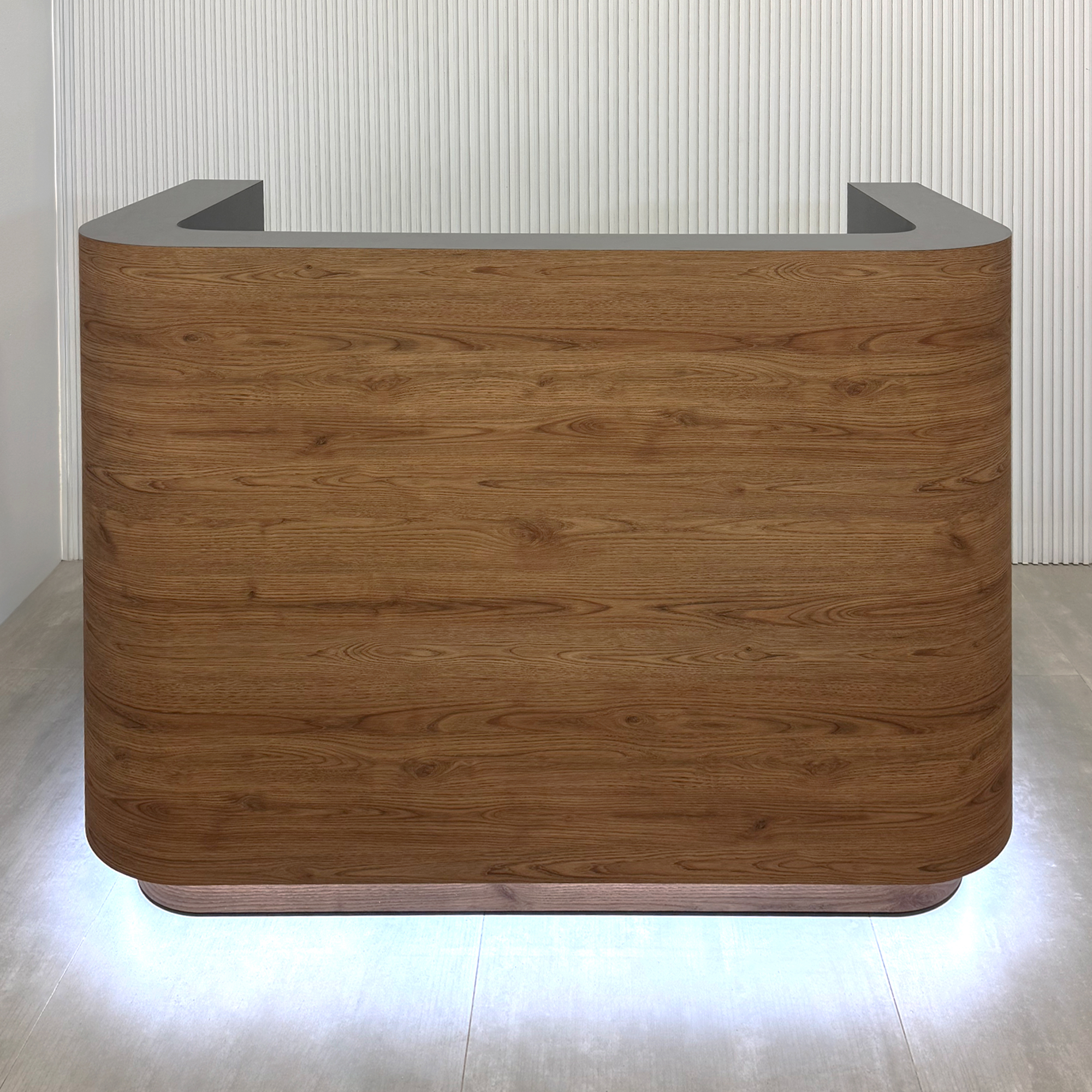 60-inch Nola U Reception Desk with spiced chestnut matte laminate front, storm gray matte laminate workspace, spiced chestnut matte laminate toe-kick, and White LED.