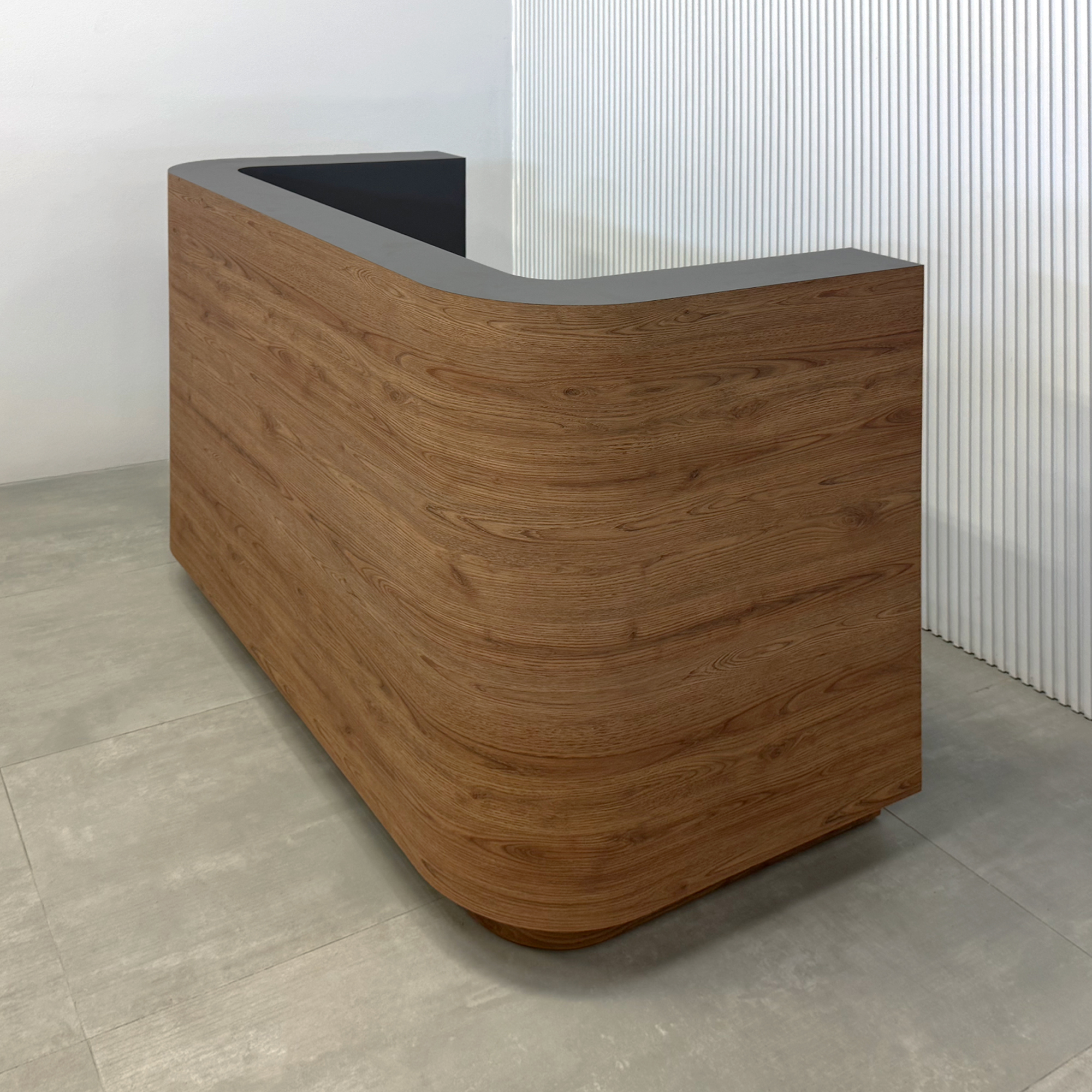 60-inch Nola U Reception Desk with spiced chestnut matte laminate front, storm gray matte laminate workspace, spiced chestnut matte laminate toe-kick, and White LED.