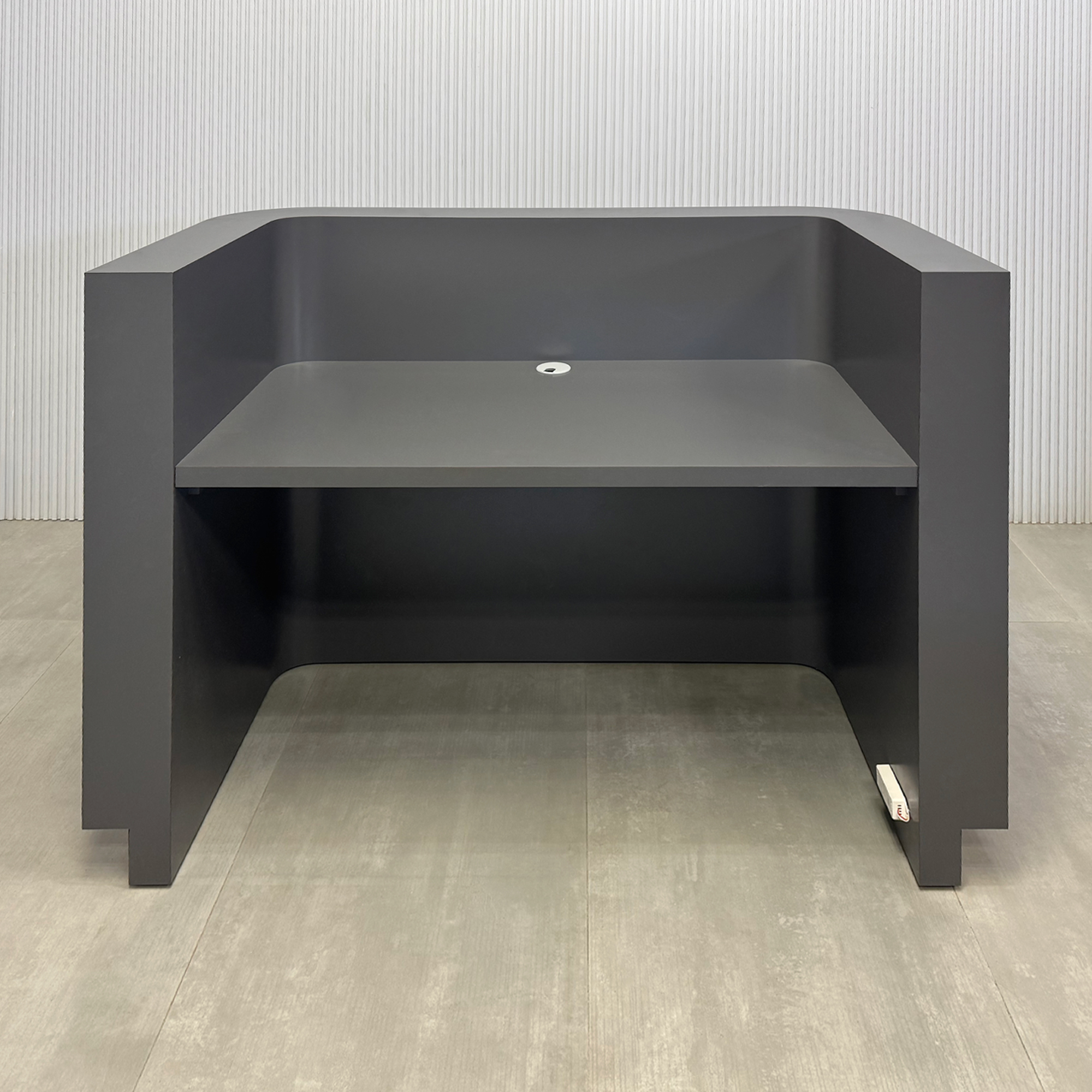 60-inch Nola U Reception Desk with spiced chestnut matte laminate front, storm gray matte laminate workspace, spiced chestnut matte laminate toe-kick, and White LED.