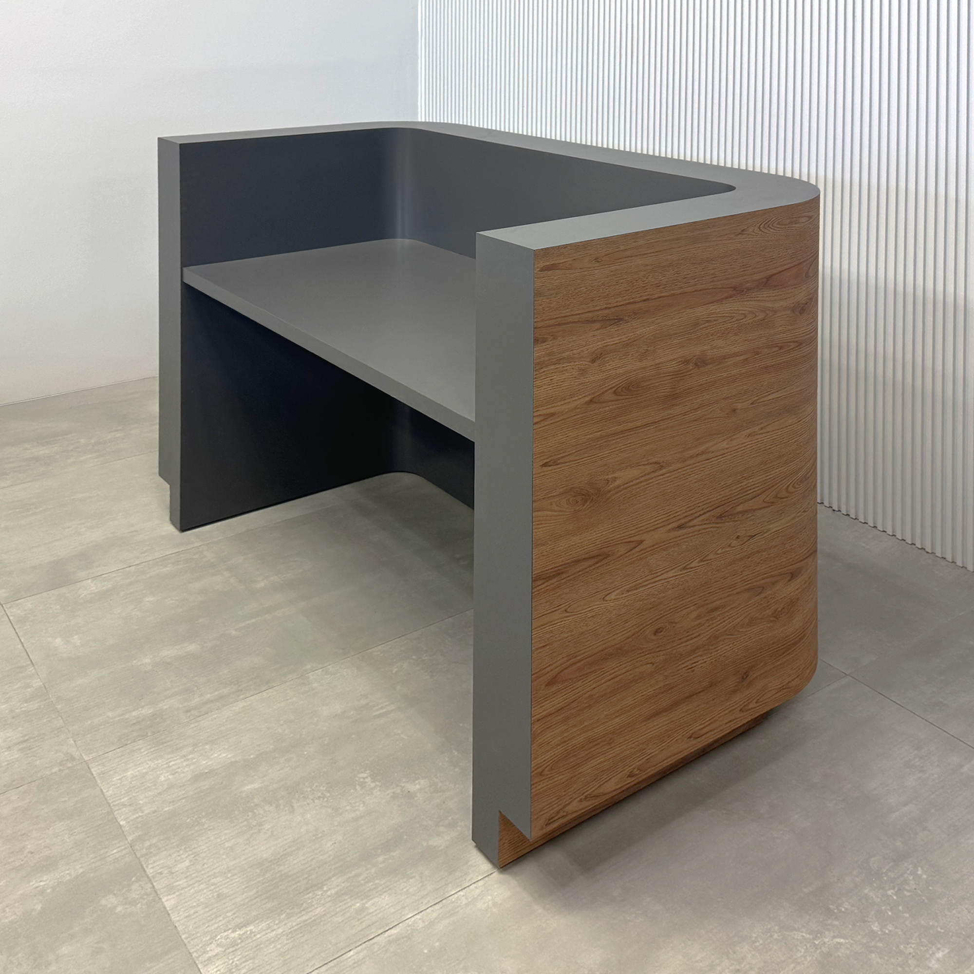 60-inch Nola U Reception Desk with spiced chestnut matte laminate front, storm gray matte laminate workspace, spiced chestnut matte laminate toe-kick, and White LED.
