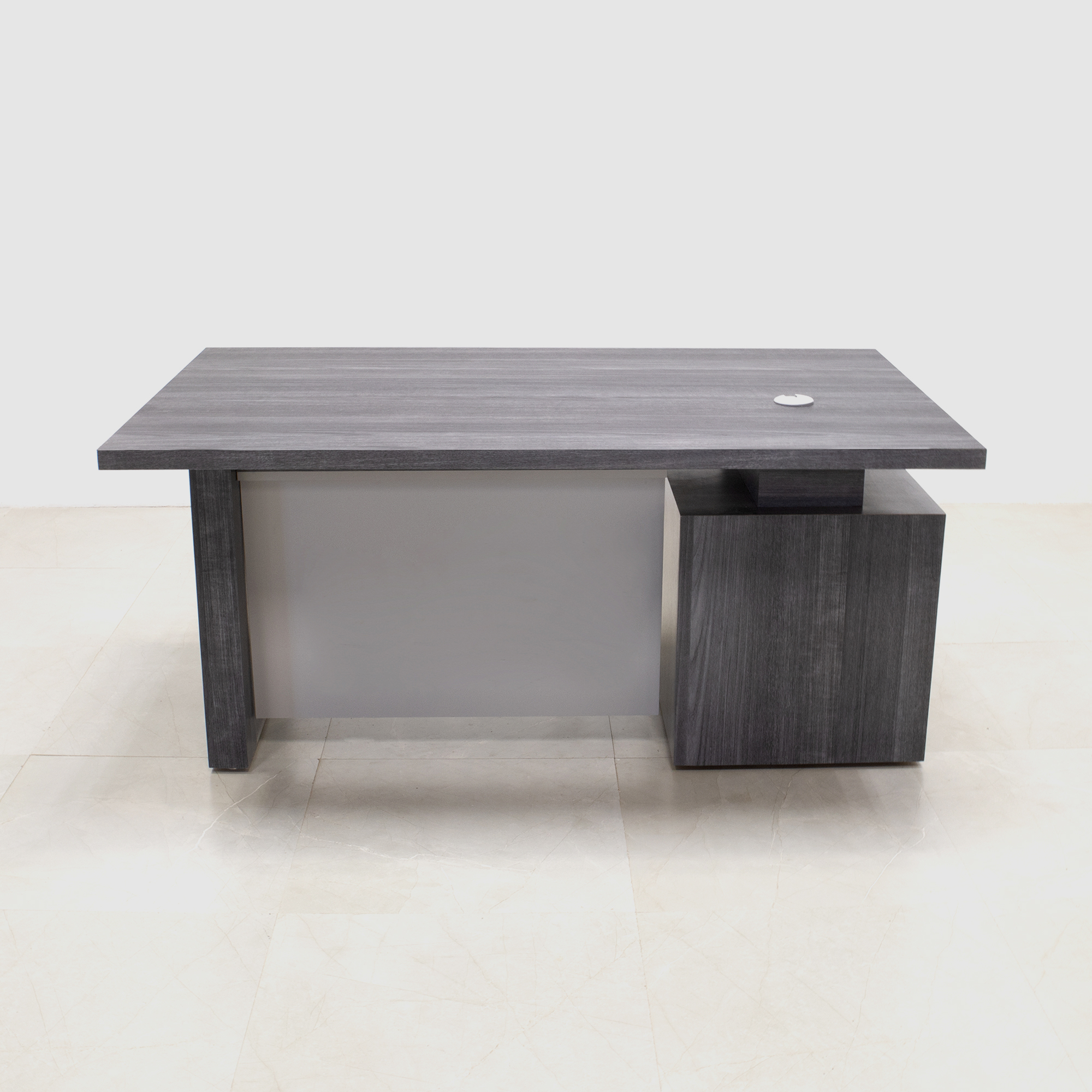 60-inch Avenue Straight Executive Desk in storm teakwood matte laminate top, base & storage, and fog gray matte laminate privacy panel, shown here.