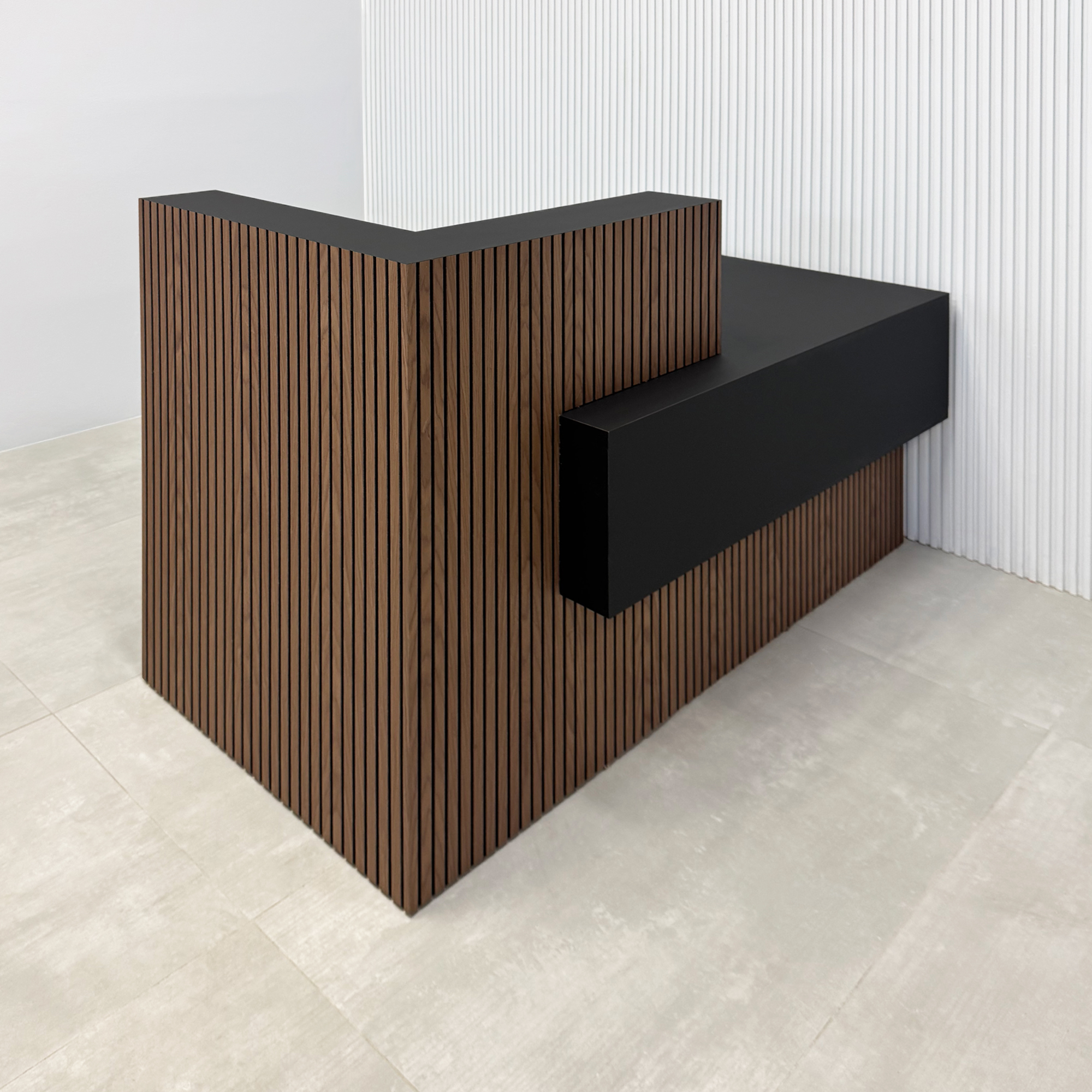 60-inch Atlanta Reception Desk with walnut tambour & black background counter, black traceless laminate workspace & storage, and black traceless laminate accent front panel.