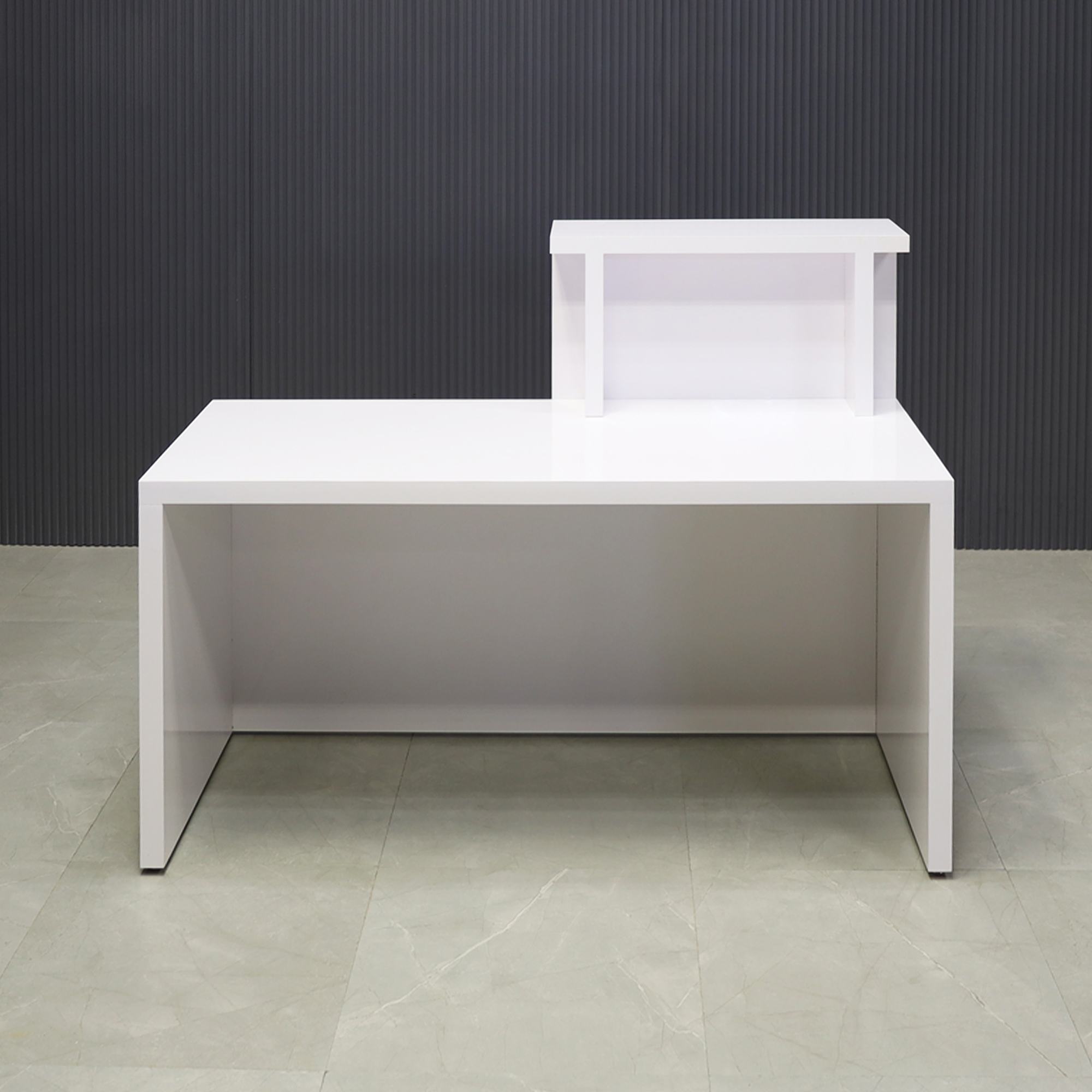 72-inch Los Angeles Reception Desk, left side counter when facing front, in white gloss laminate counter and desk, shown here.