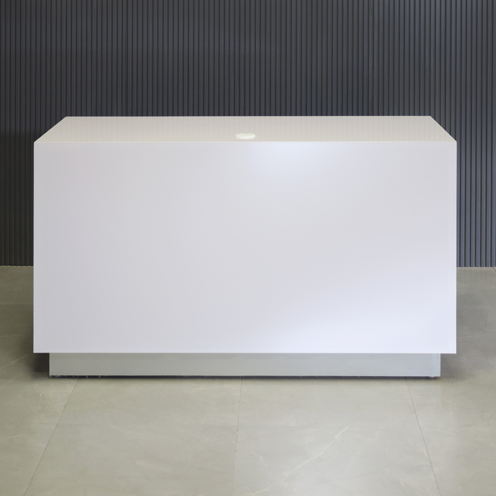 60-inch Houston Custom Reception Desk in white gloss laminate main desk and brushed aluminum toe-kick, shown here.