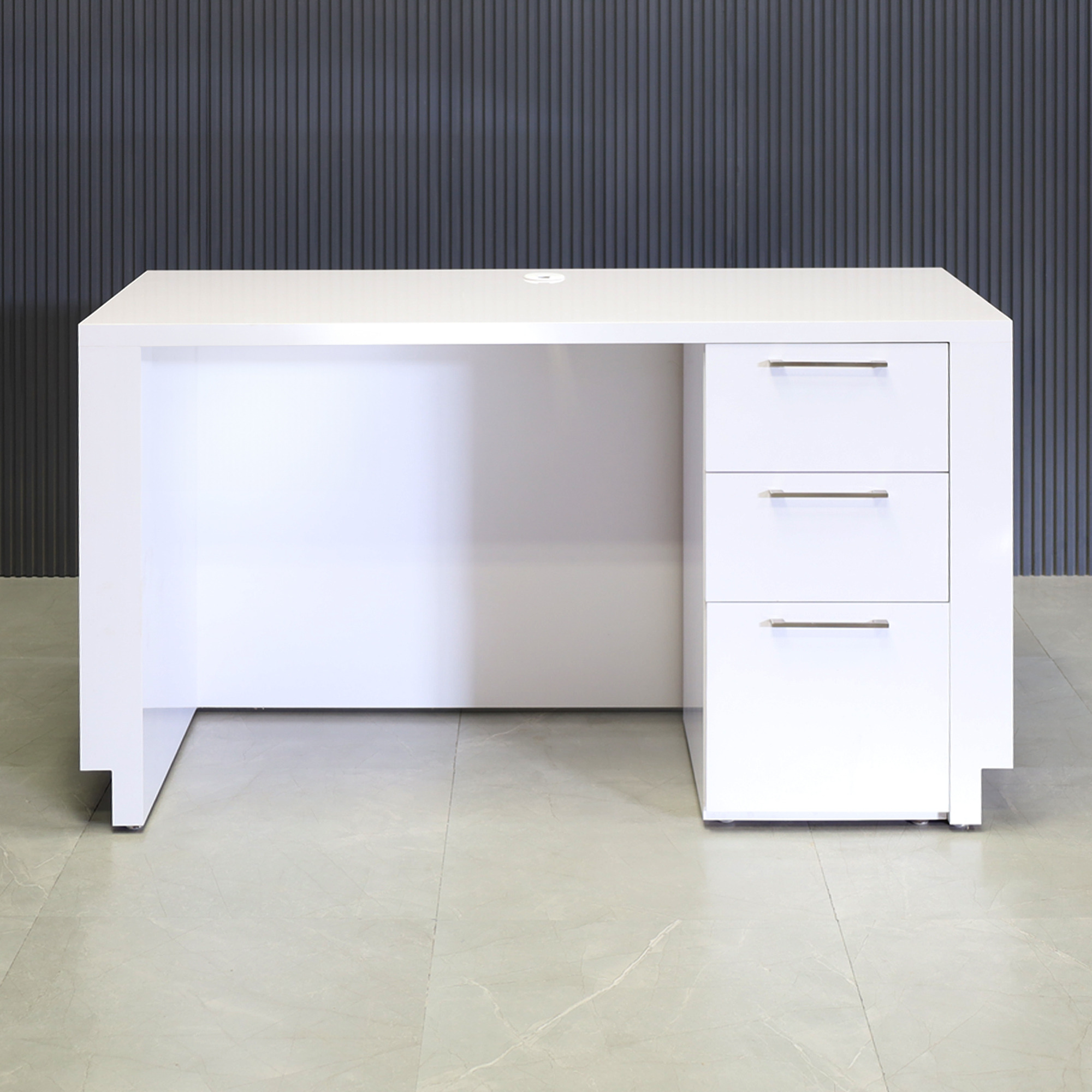 60-inch Houston Custom Reception Desk in white gloss laminate main desk and brushed aluminum toe-kick, shown here.