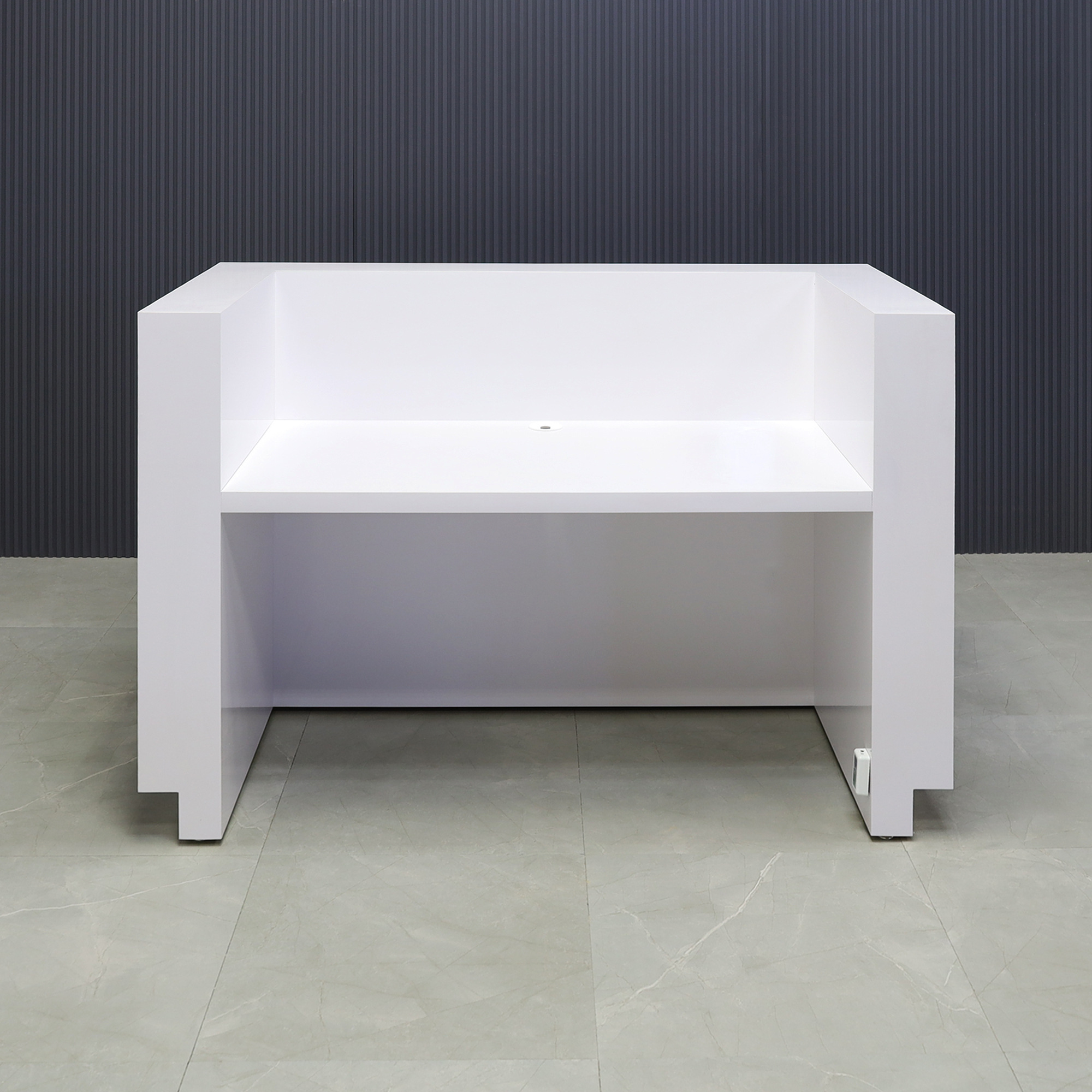 60-inch Dallas U-Shape Reception Desk in white gloss laminate main desk and brushed aluminum toe-kick, with color LED, shown here.