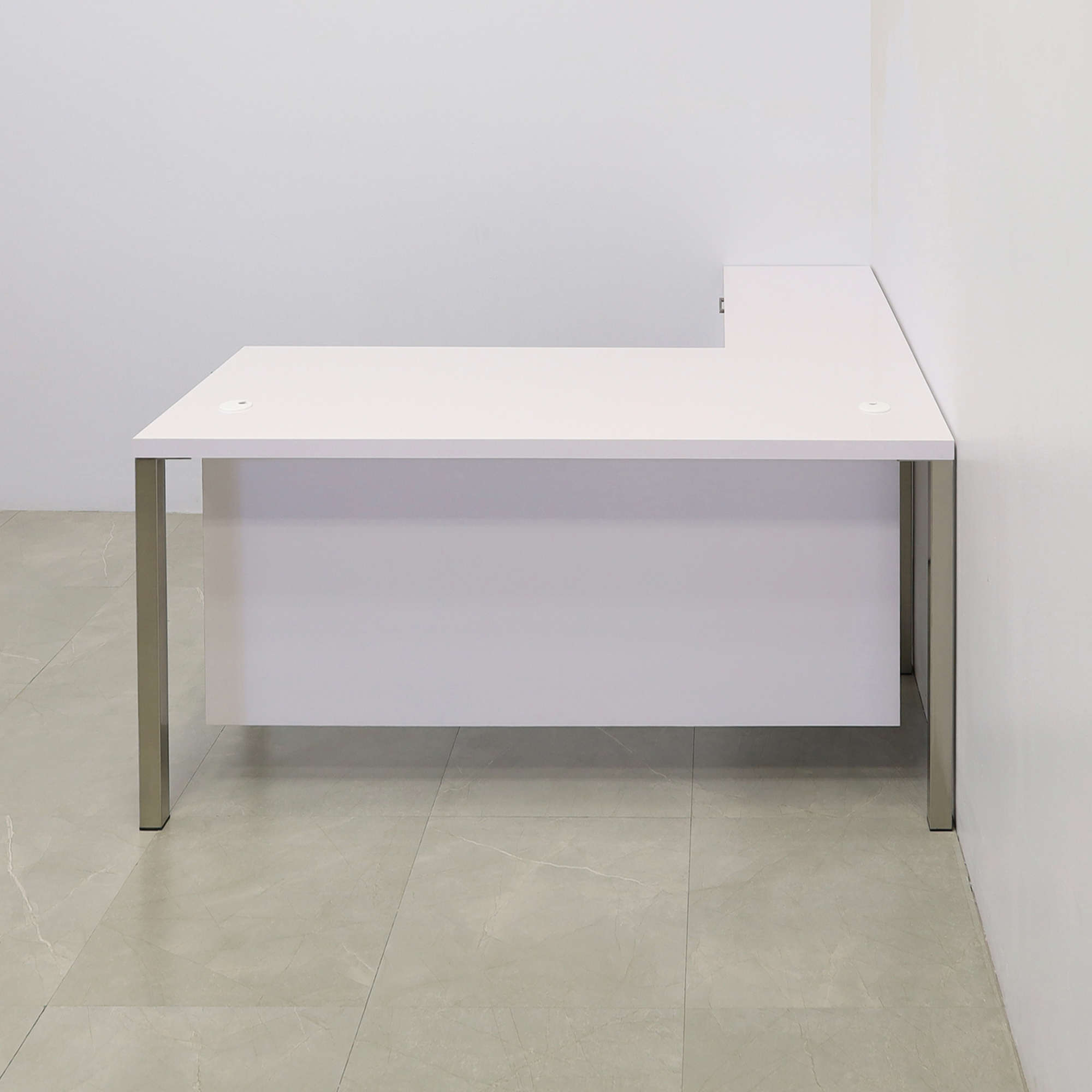60-inch Dallas L-Shape Executive Desk W/ Cabinet left side return when sitting in white gloss laminate top, cabinet & privacy panel, with brushed aluminum legs shown here.