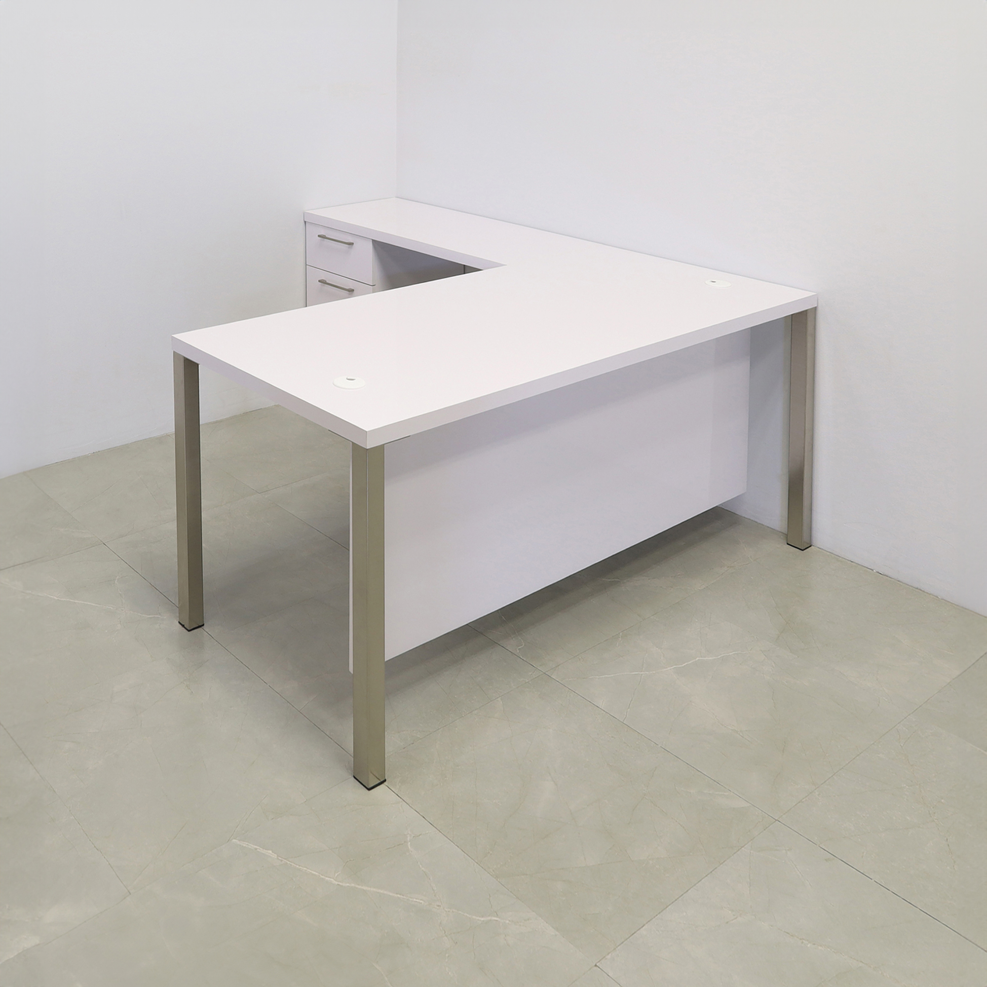 60-inch Dallas L-Shape Executive Desk W/ Cabinet left side return when sitting in white gloss laminate top, cabinet & privacy panel, with brushed aluminum legs shown here.