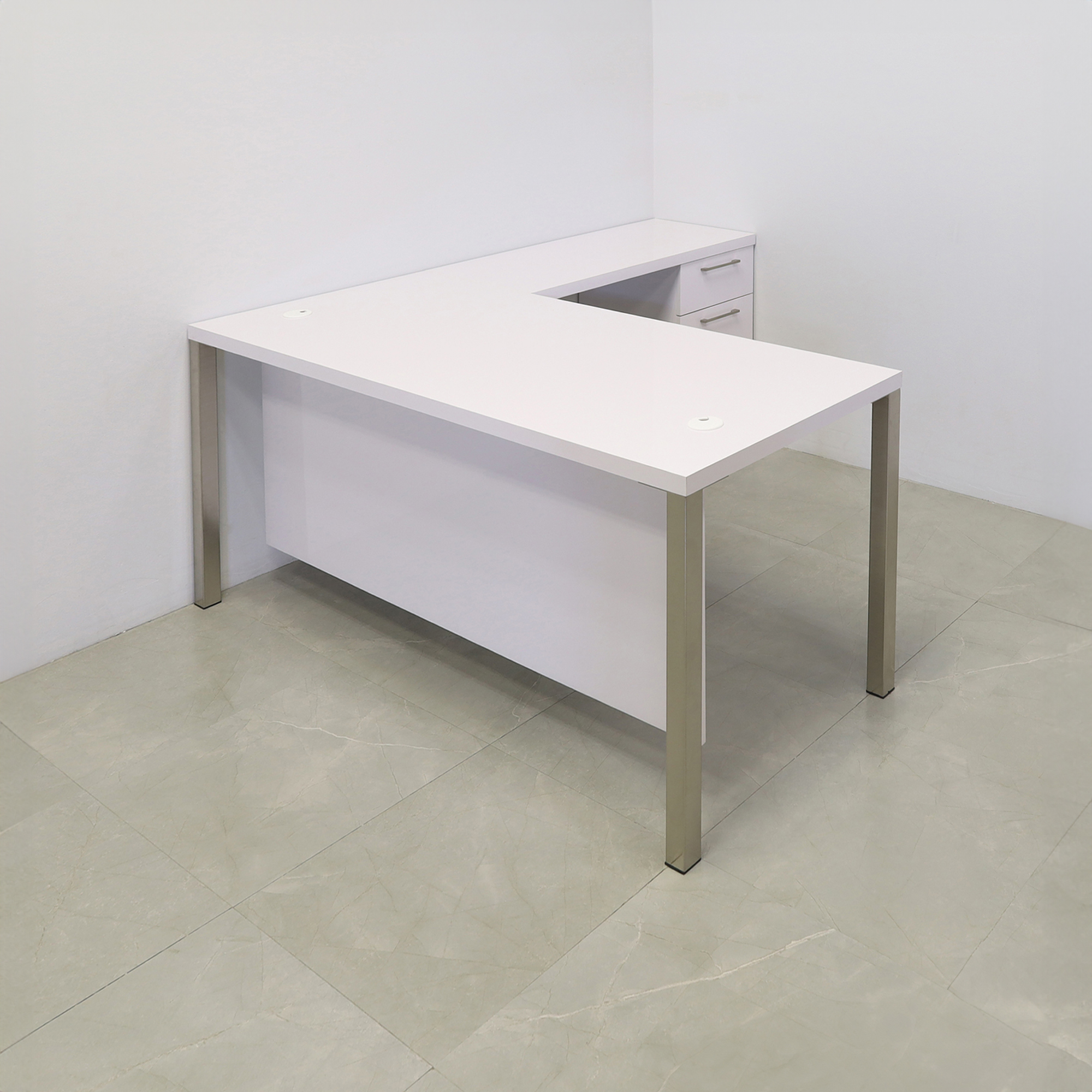 60-inch Dallas L-Shape Executive Desk W/ Cabinet right side return when sitting in white gloss laminate top, cabinet & privacy panel, with brushed aluminum legs shown here.