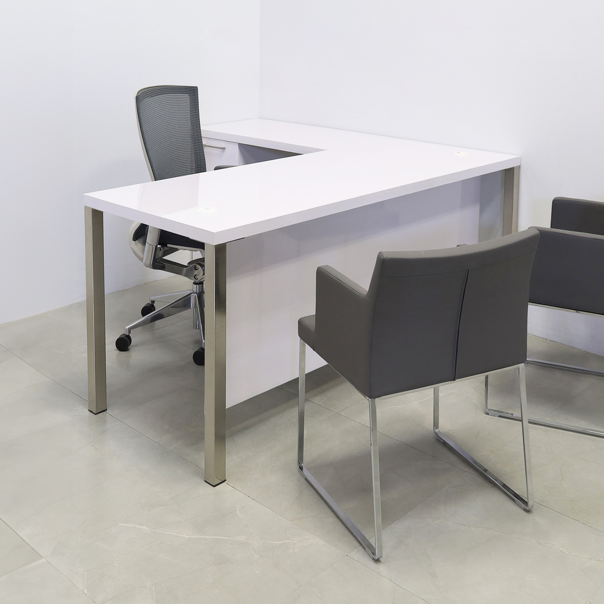 60-inch Dallas L-Shape Executive Desk W/ Cabinet left side return when sitting in white gloss laminate top, cabinet & privacy panel, with brushed aluminum legs shown here.