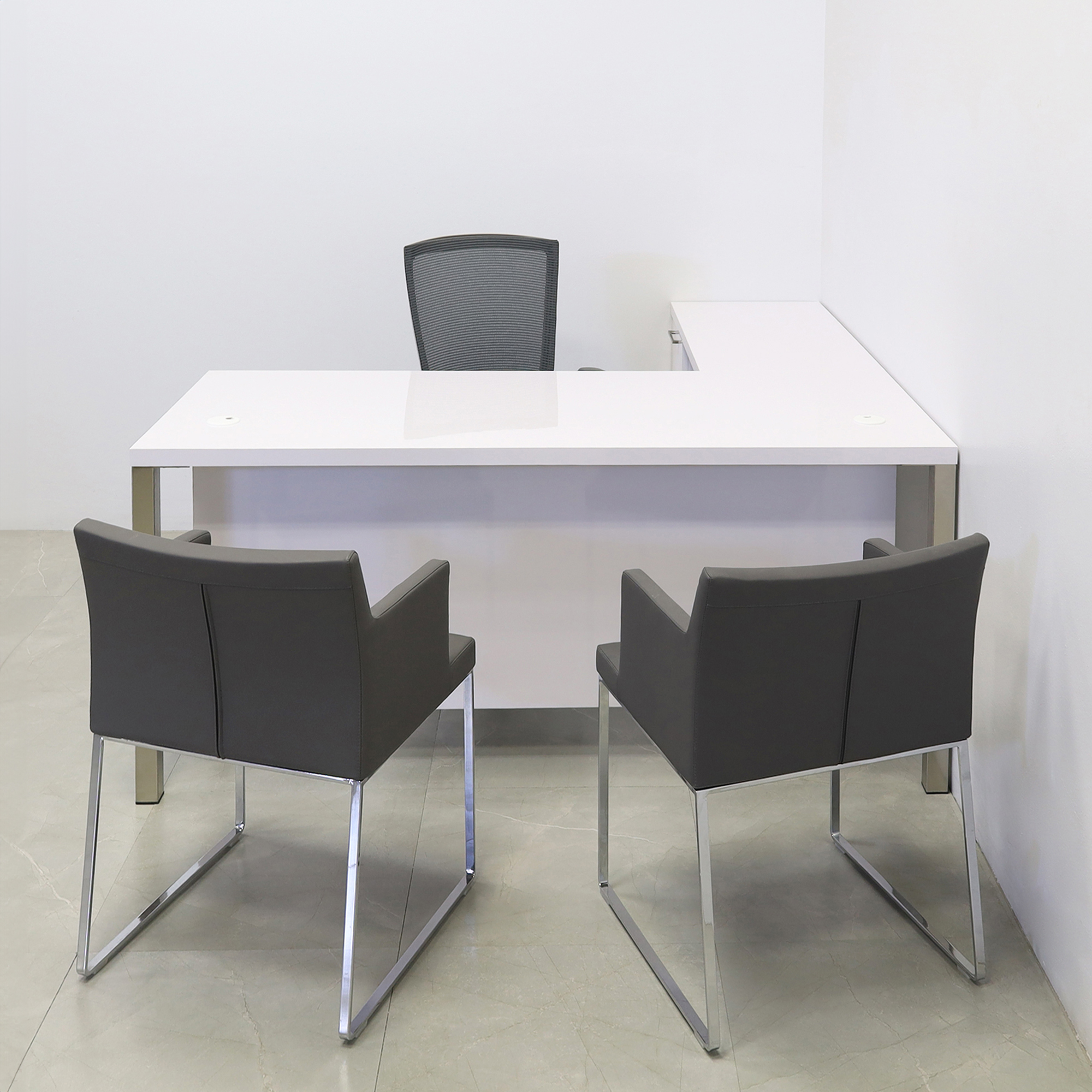 60-inch Dallas L-Shape Executive Desk W/ Cabinet left side return when sitting in white gloss laminate top, cabinet & privacy panel, with brushed aluminum legs shown here.