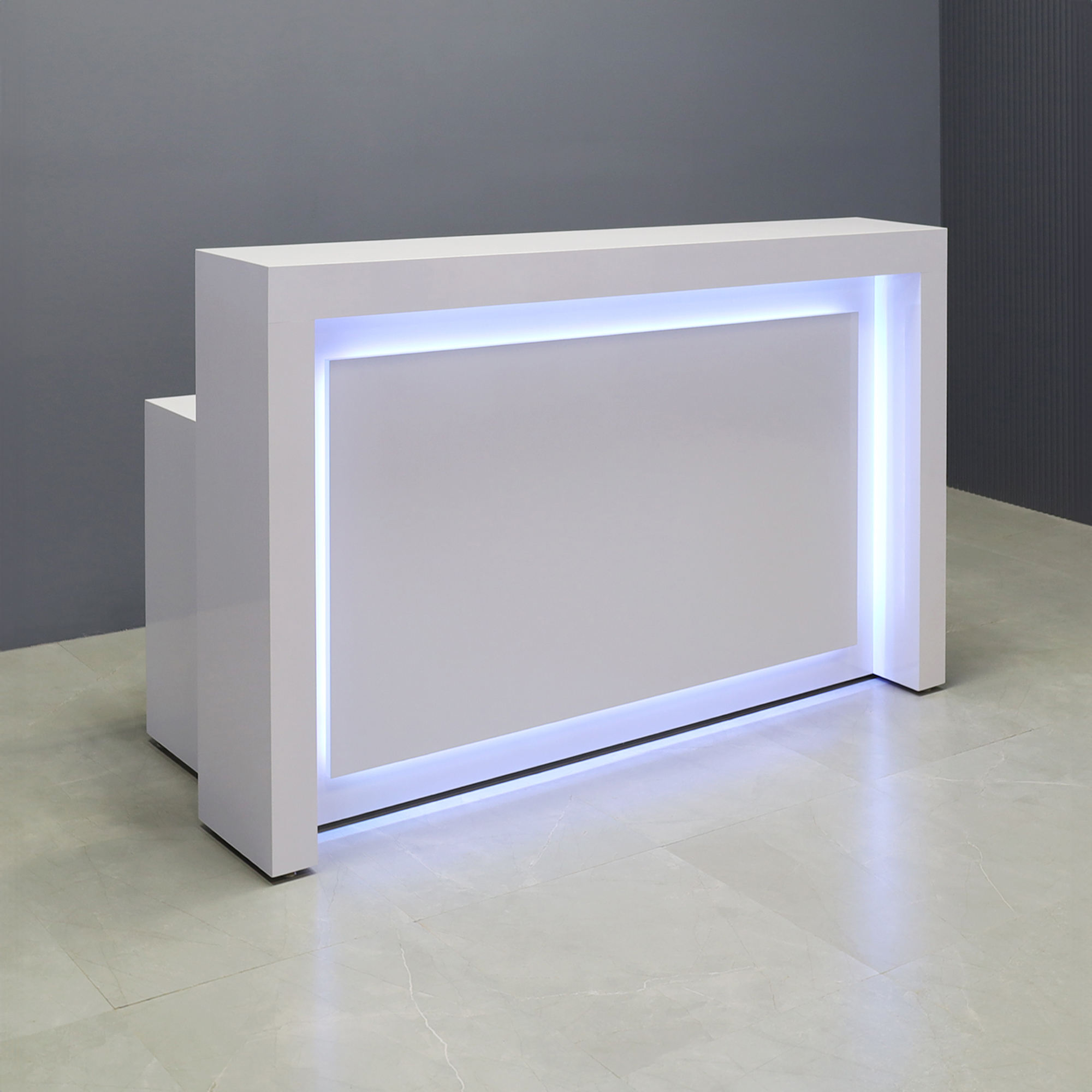 60-inch New York Straight Reception Desk in white gloss laminate finish, with multi-colored LED, shown here.
