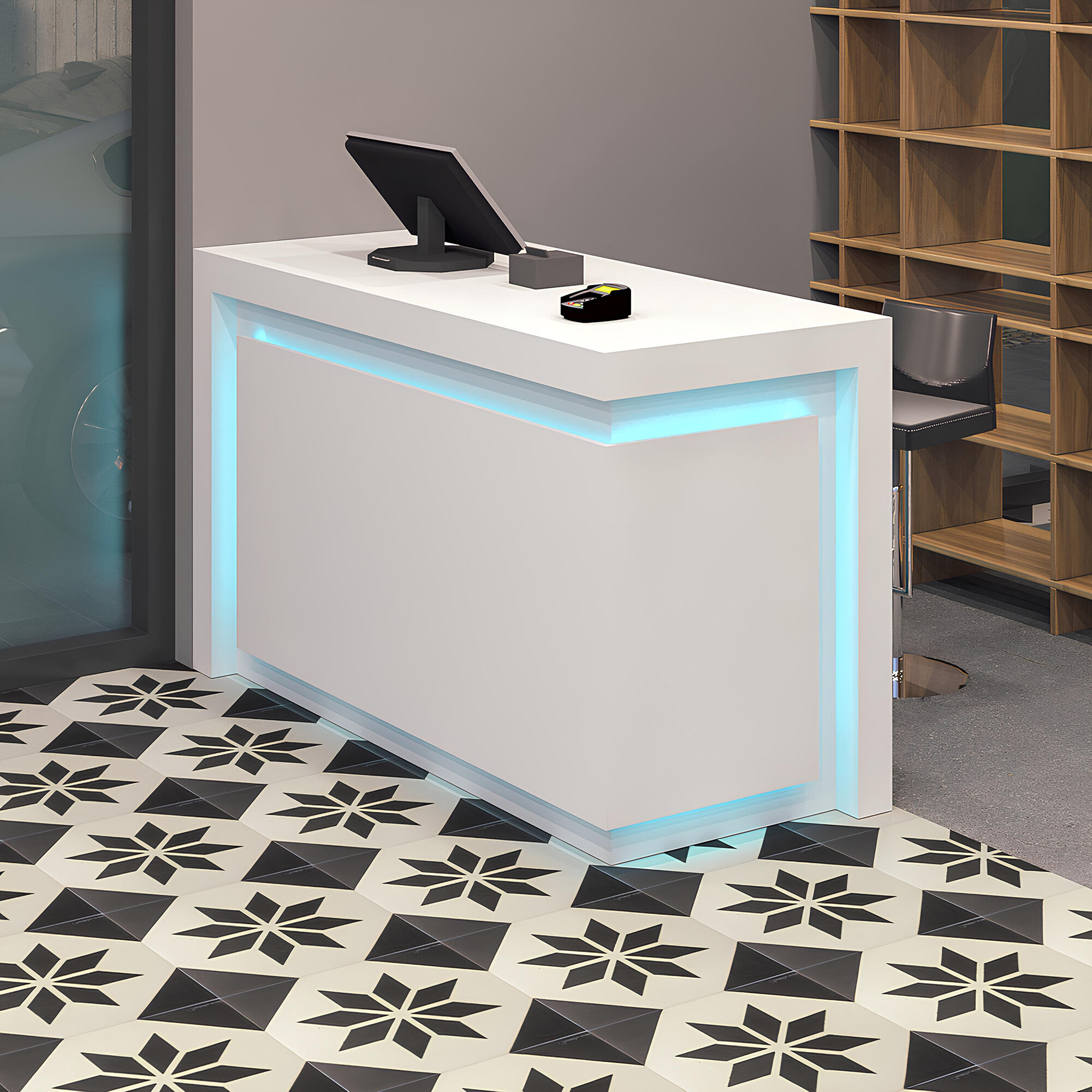 60-inch New York L-Shape Retail Custom Reception Desk in white gloss laminate desk, and color changing LED.
