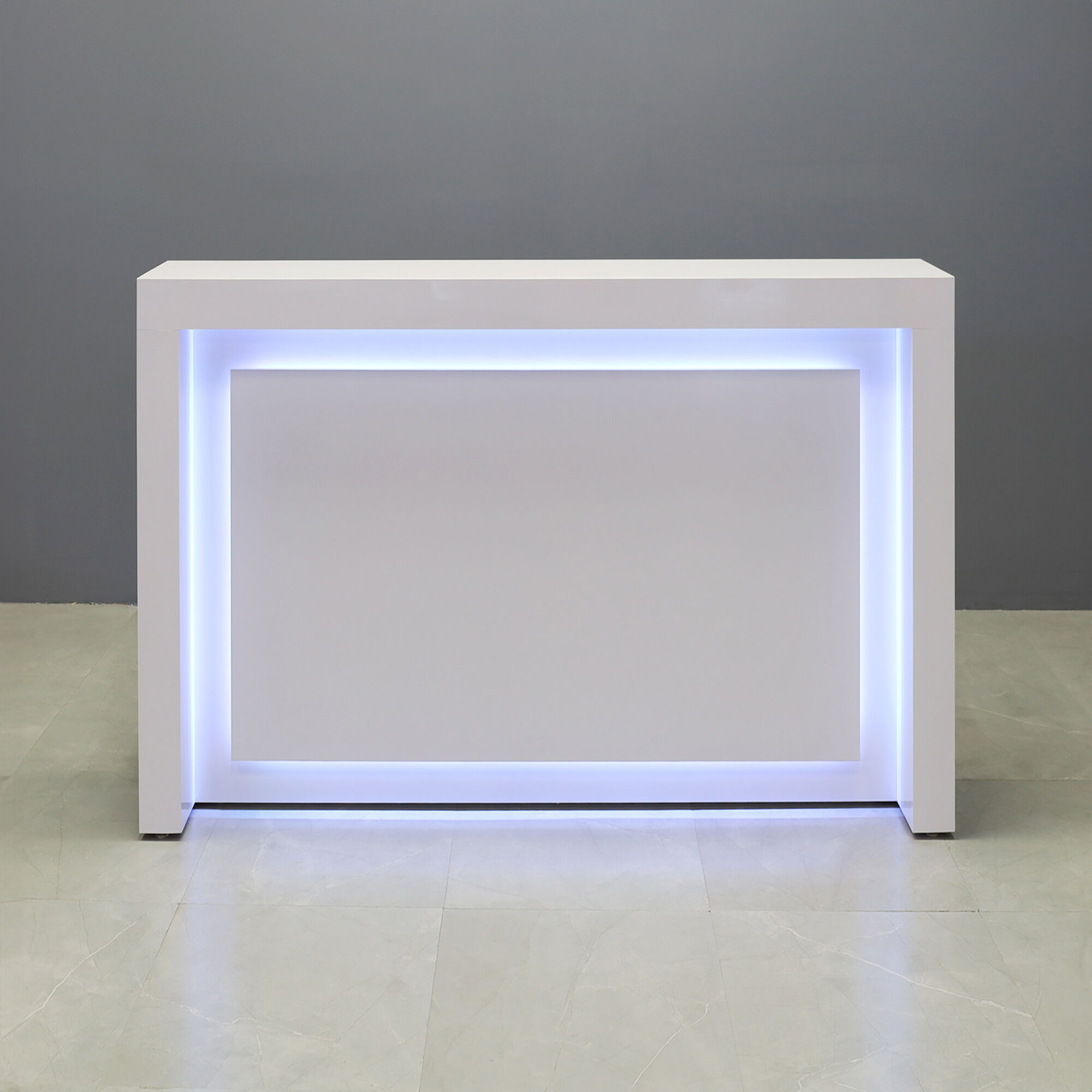 60-inch New York Straight Reception Desk in white gloss laminate main desk & accent recess front panel, with warm-white LED, shown here.