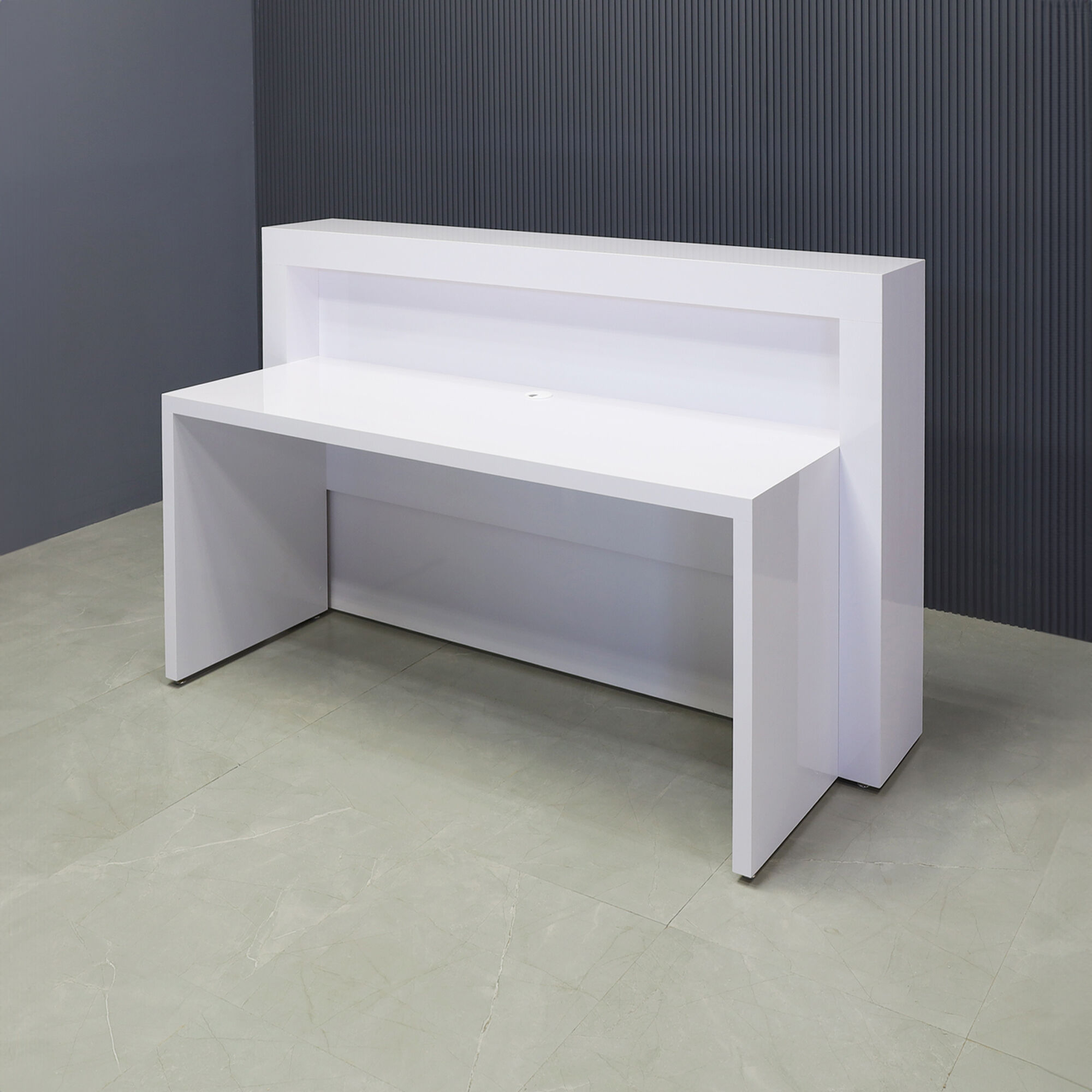 60-inch New York Straight Reception Desk in white gloss laminate main desk & accent recess front panel, with warm-white LED, shown here.