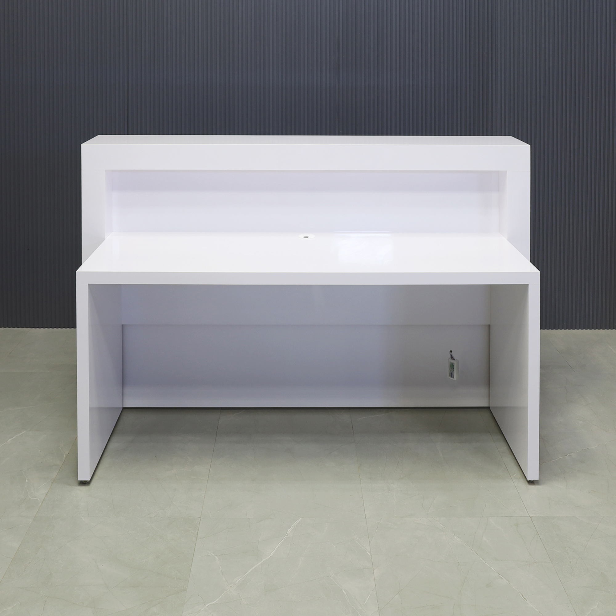 60-inch New York Straight Reception Desk in white gloss laminate finish, with multi-colored LED, shown here.