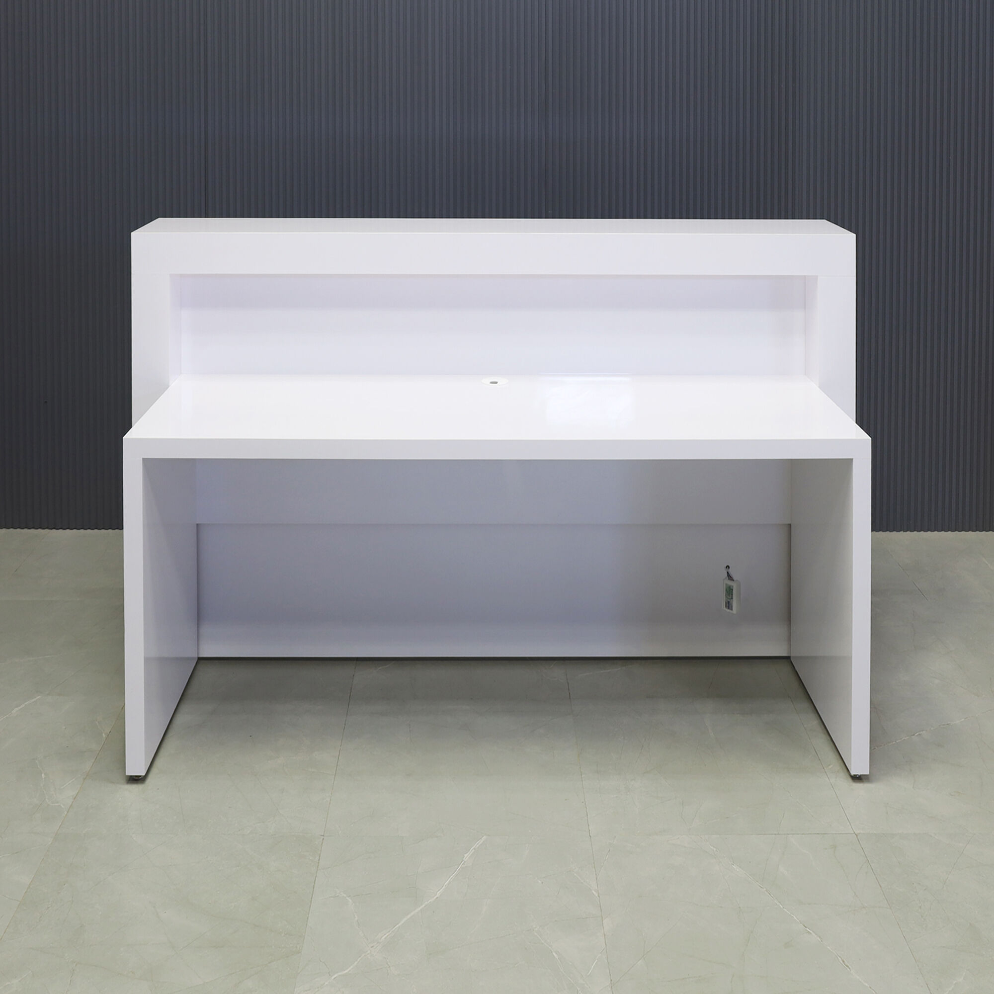60-inch New York Straight Reception Desk in white gloss laminate main desk & accent recess front panel, with warm-white LED, shown here.