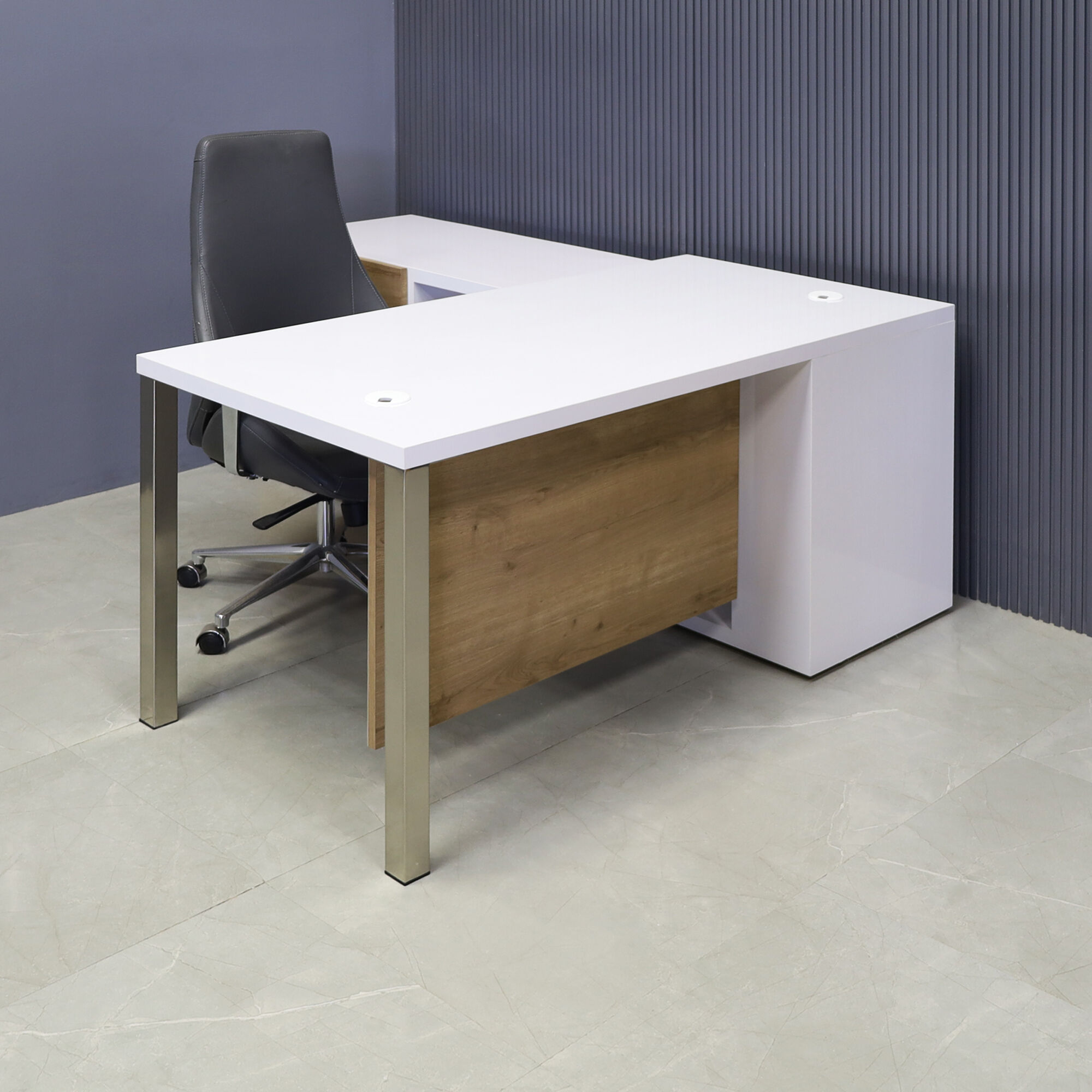 60-inch Dallas Executive Desk with credenza on the left side when sitting, in white gloss laminate top & credenza, planked urban oak matte laminate privacy panel & front drawers, and brushed aluminum legs, shown here.