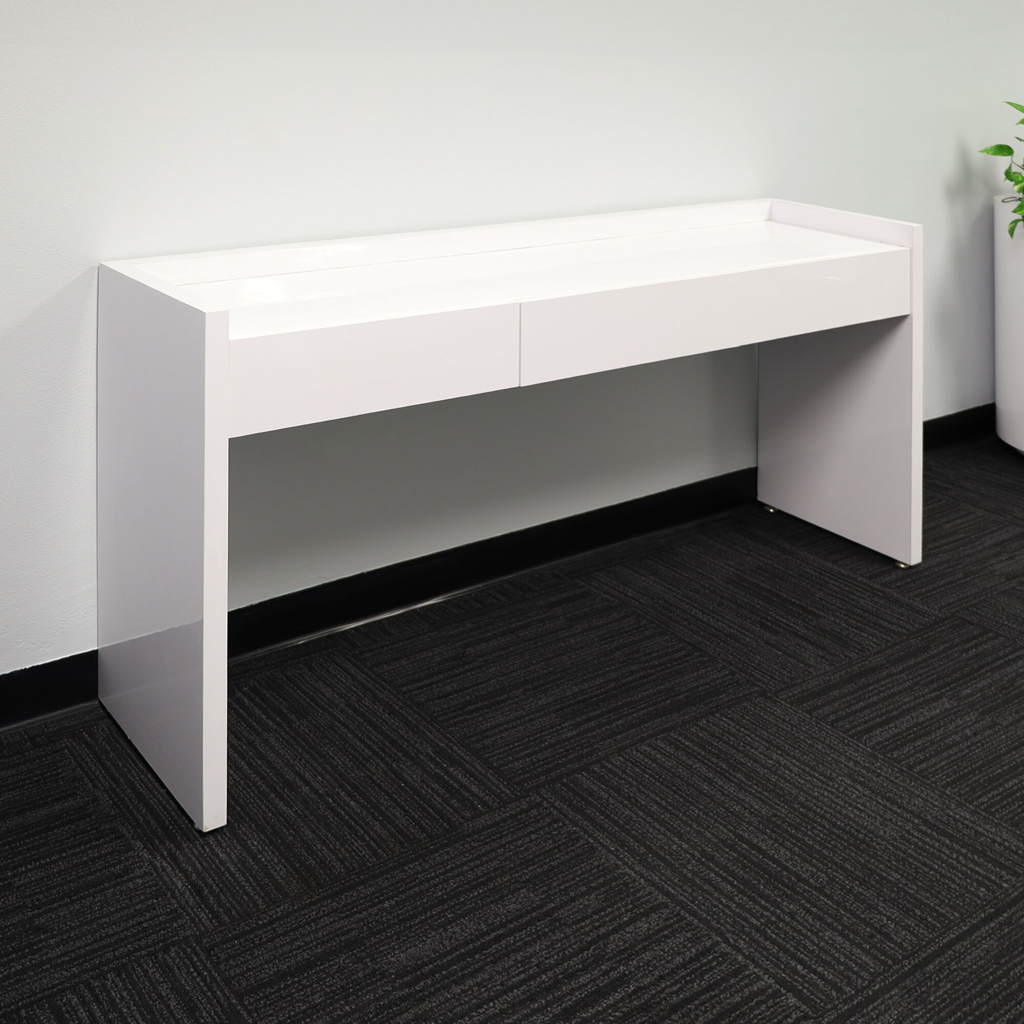 60-inch Avenue Console Table in white gloss laminate console.