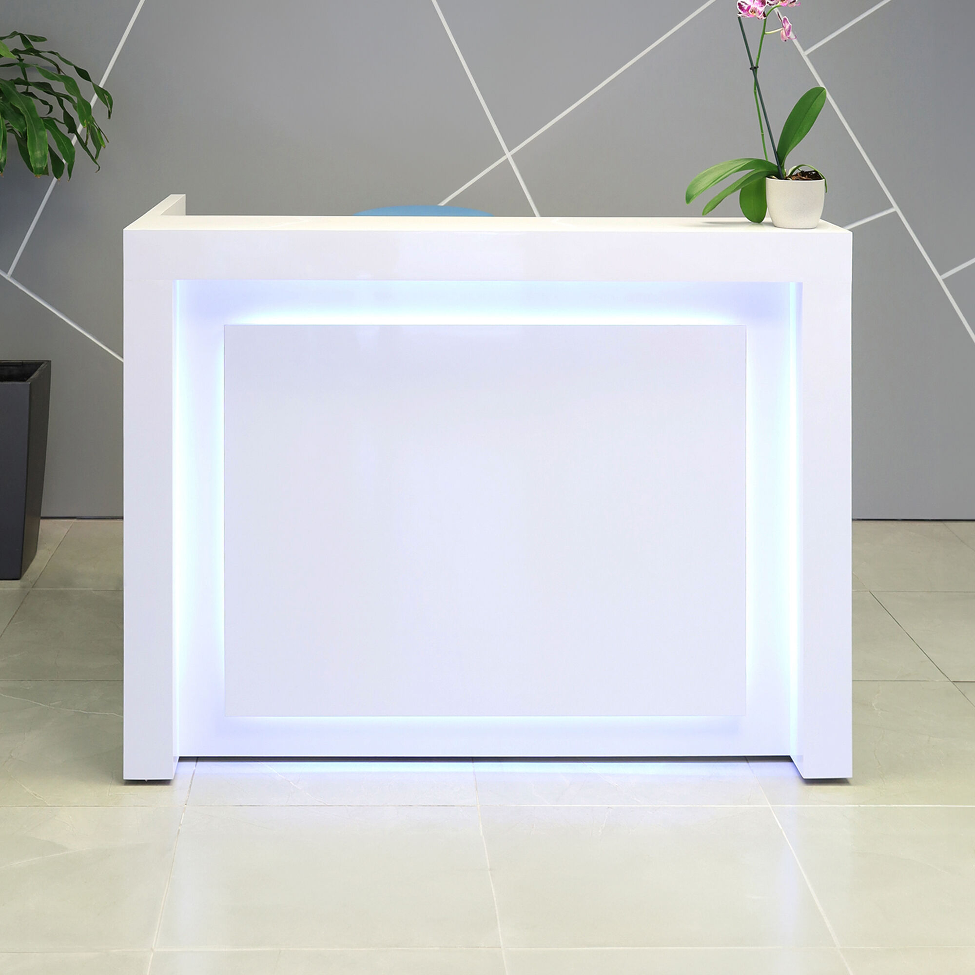 60-inch New York U-Shape Custom Reception Desk in white gloss laminate main desk and accent recess, with color LED, shown here.
