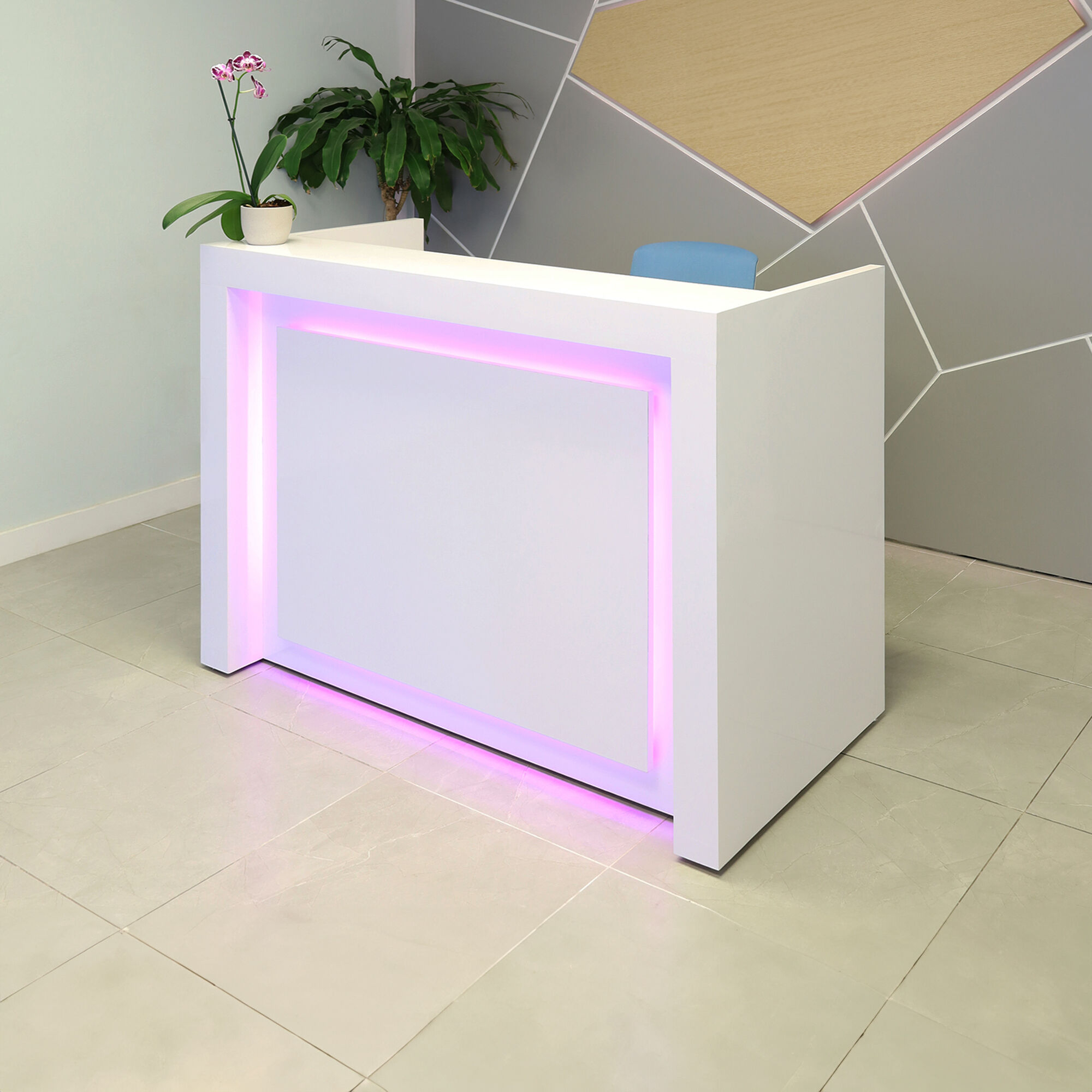 60-inch New York U-Shape Custom Reception Desk in white gloss laminate main desk and accent recess, with color LED, shown here.