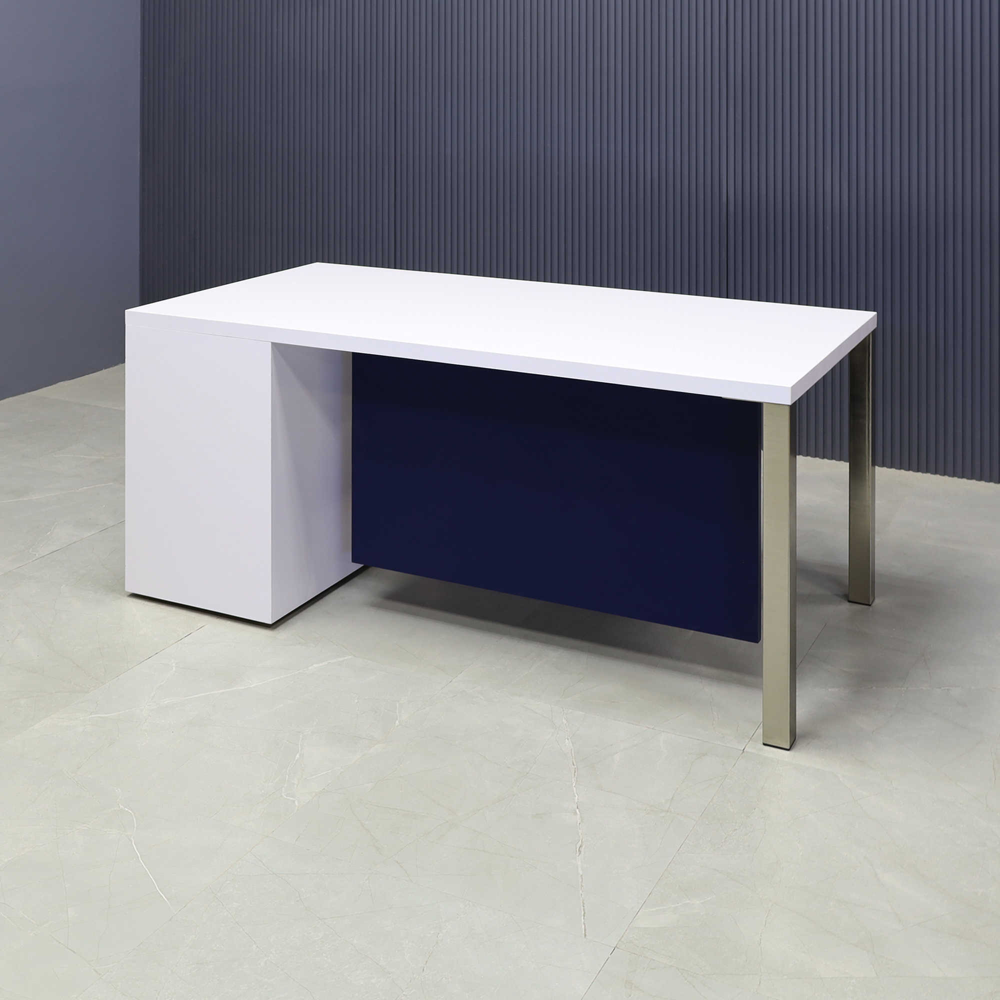 Dallas Straight Executive Desk With Cabinet and Laminate Top in white gloss laminate top and cabinet, and navy blue matte laminate privacy panel, with brushed aluminum legs shown here.
