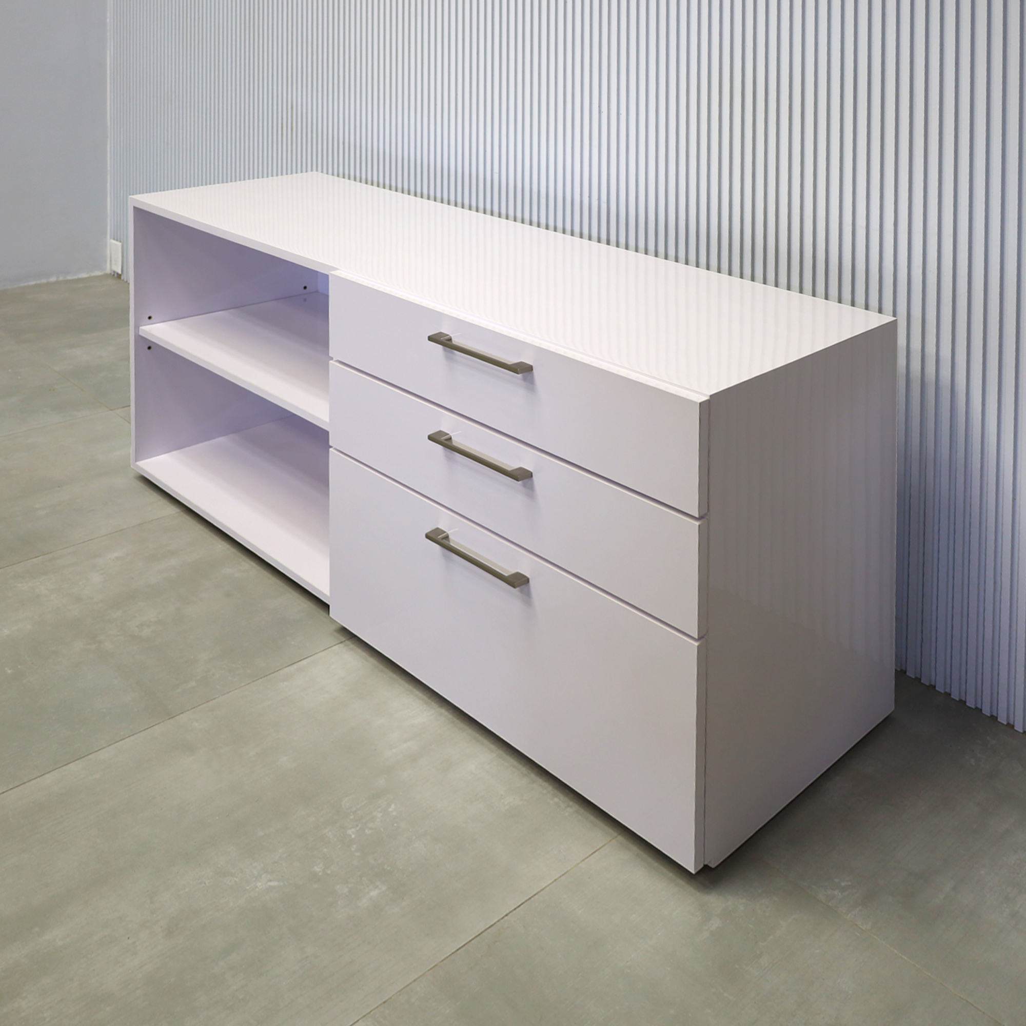 60-inch Naples Storage Credenza with White Gloss Laminate Top and White Gloss Laminate Main Body.