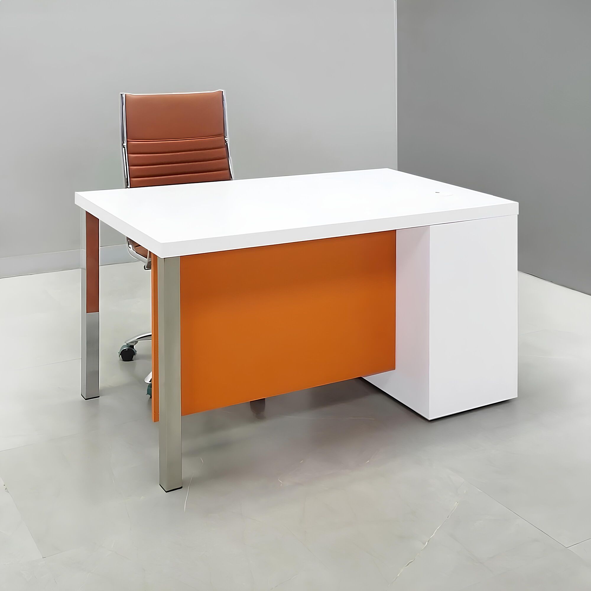 60-inch Dallas Straight Executive Desk with white gloss laminate top & storage, orange laminate, and brushed aluminum legs.