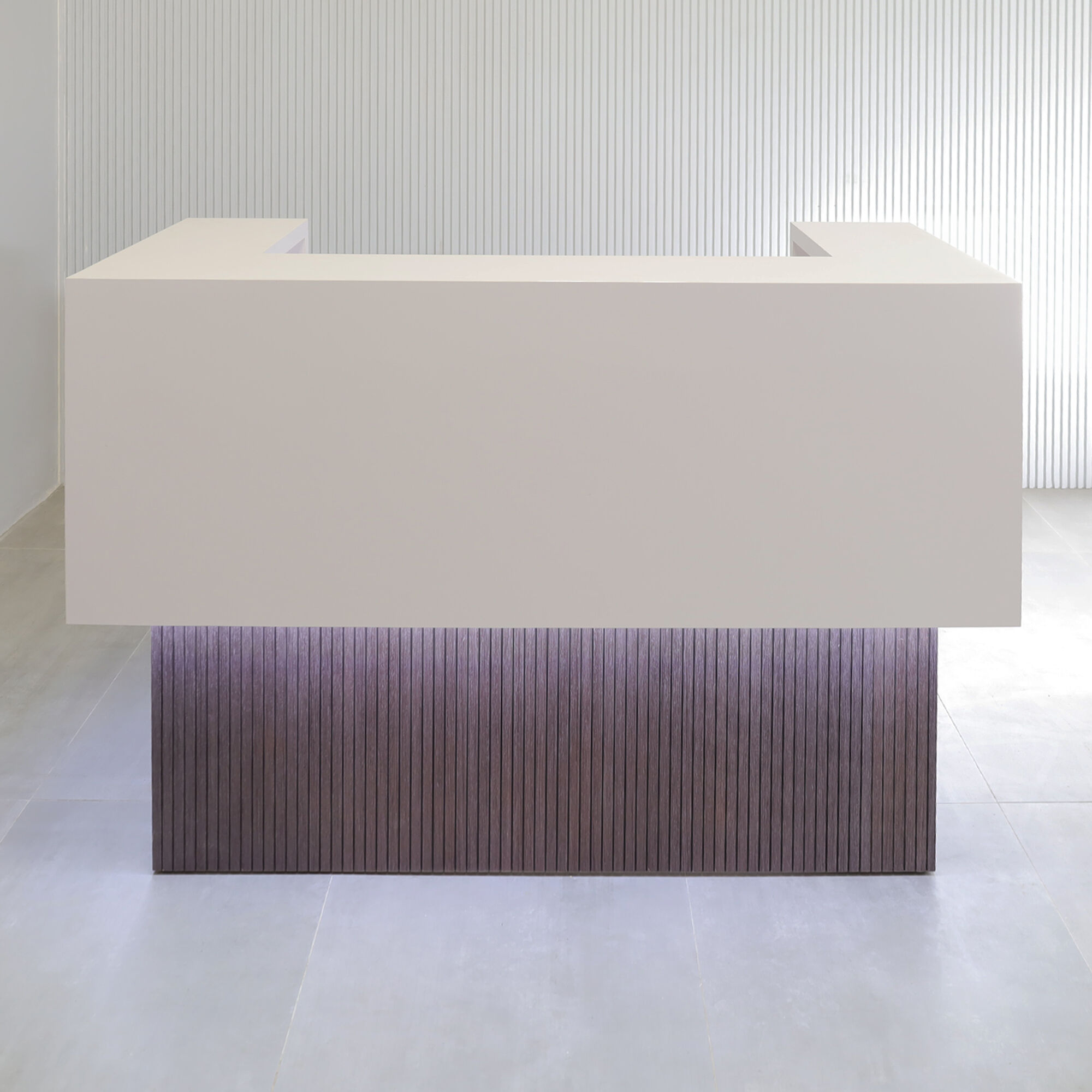60-inch San Francisco U-Shape Reception Desk in white matte laminate counter, gray oak tambour desk, warm white LED.
