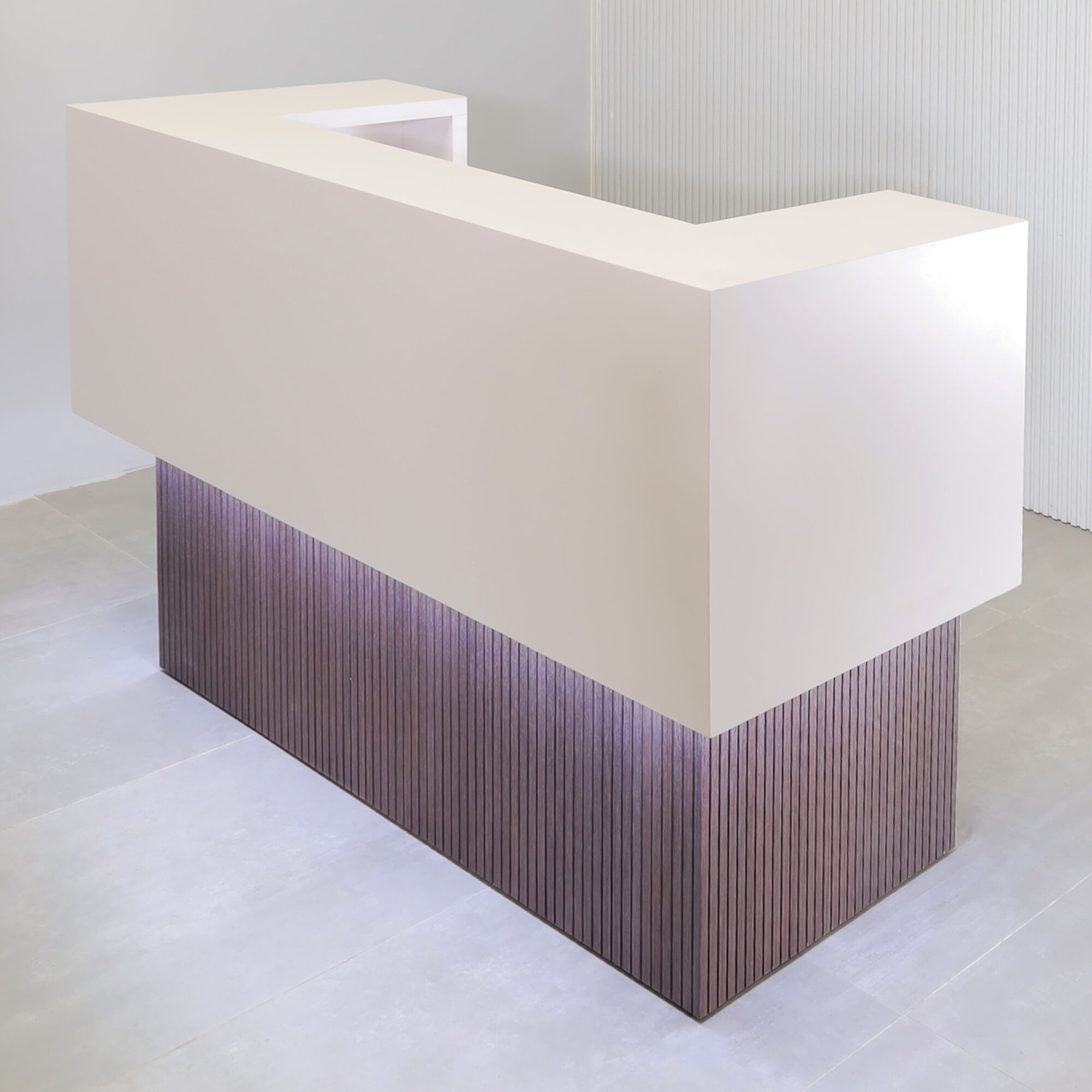 60-inch San Francisco U-Shape Reception Desk in white matte laminate counter, gray oak tambour desk, warm white LED.