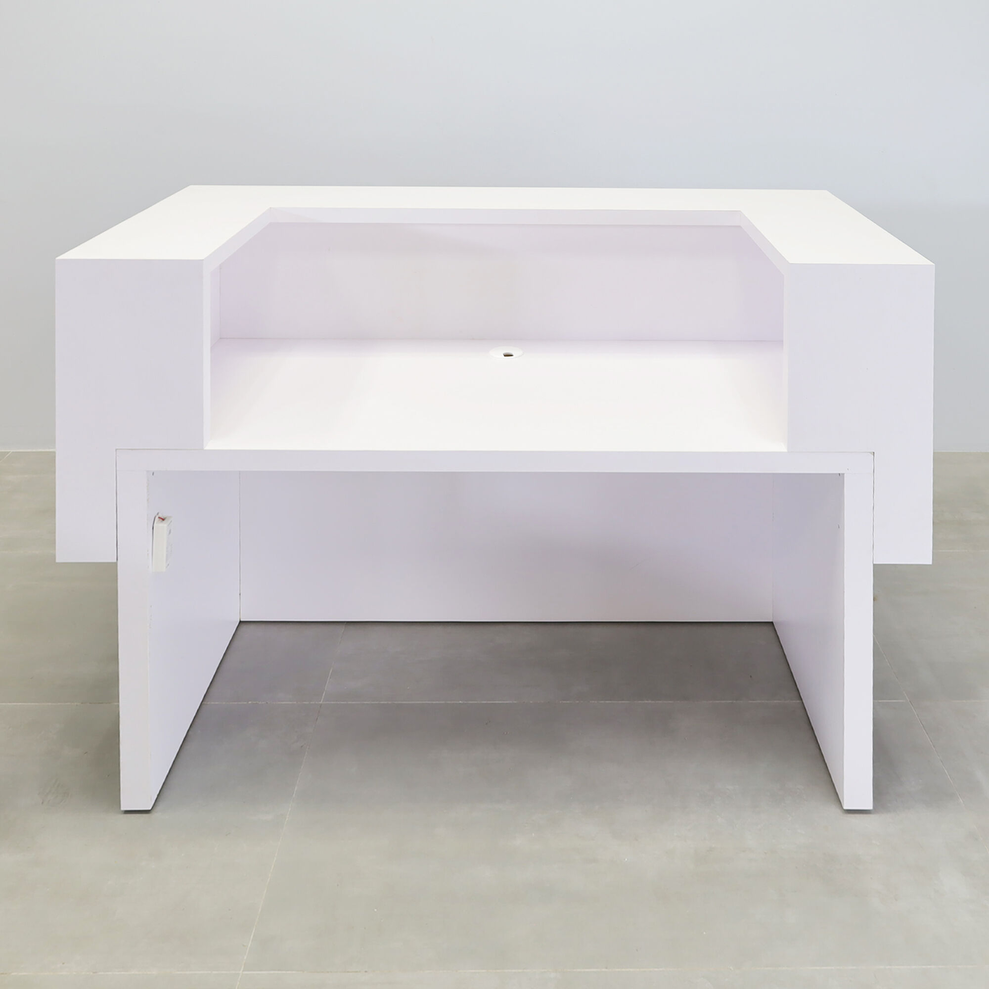 60-inch San Francisco U-Shape Reception Desk in white matte laminate counter, gray oak tambour desk, warm white LED.