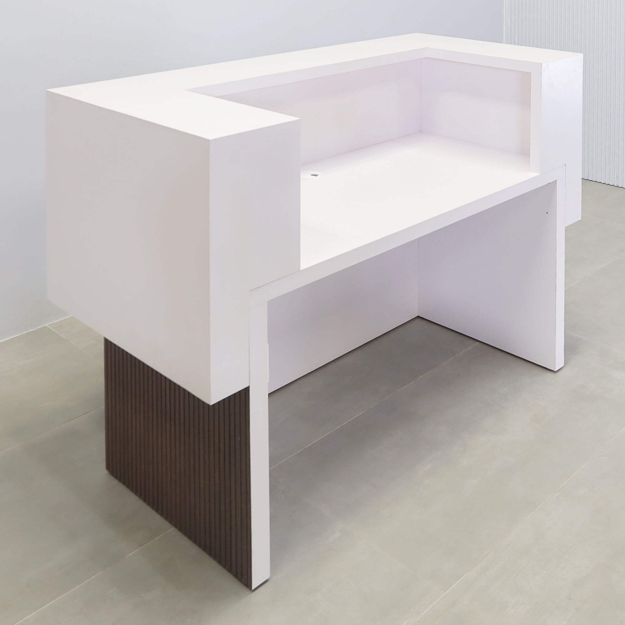 60-inch San Francisco U-Shape Reception Desk in white matte laminate counter, gray oak tambour desk, warm white LED.