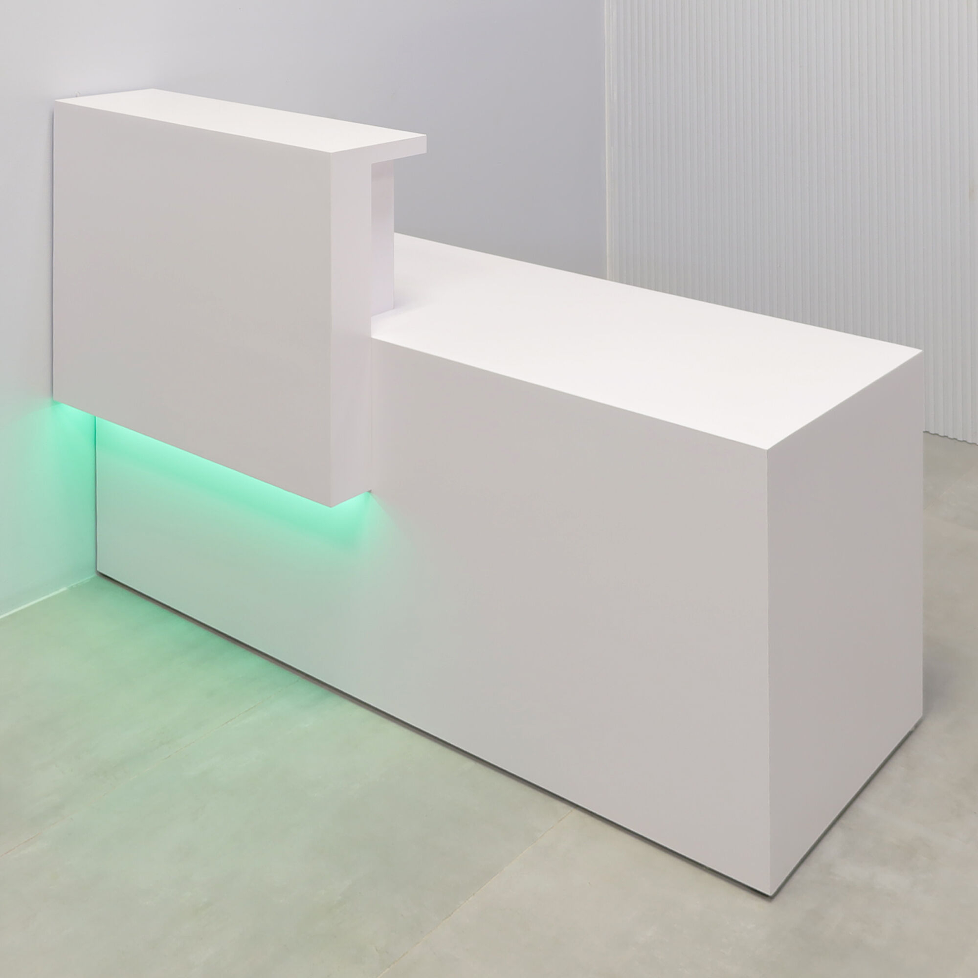 60-inch Los Angeles Reception Desk, left side counter when facing front, in white matte laminate counter and desk.
