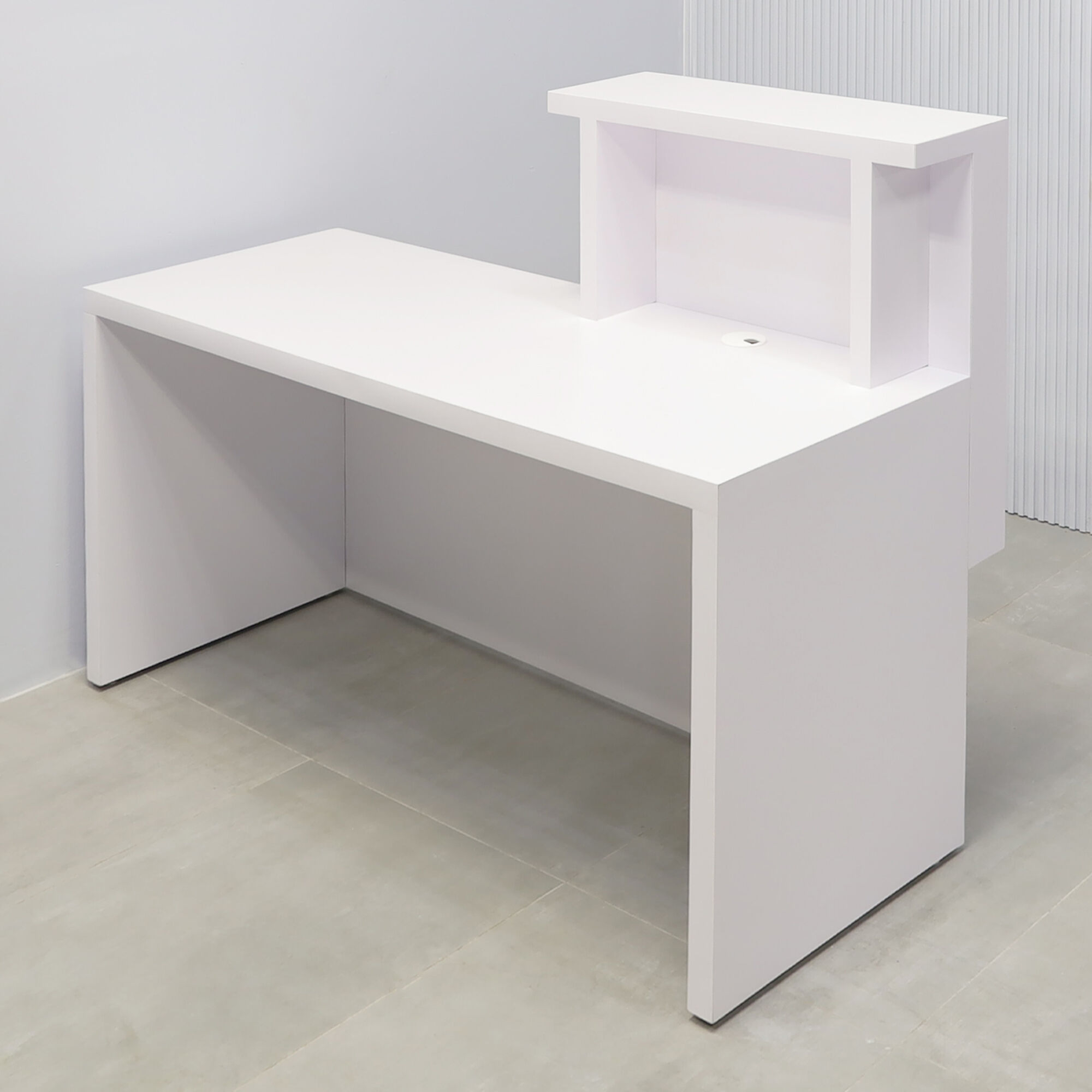 60-inch Los Angeles Reception Desk, left side counter when facing front, in white matte laminate counter and desk.