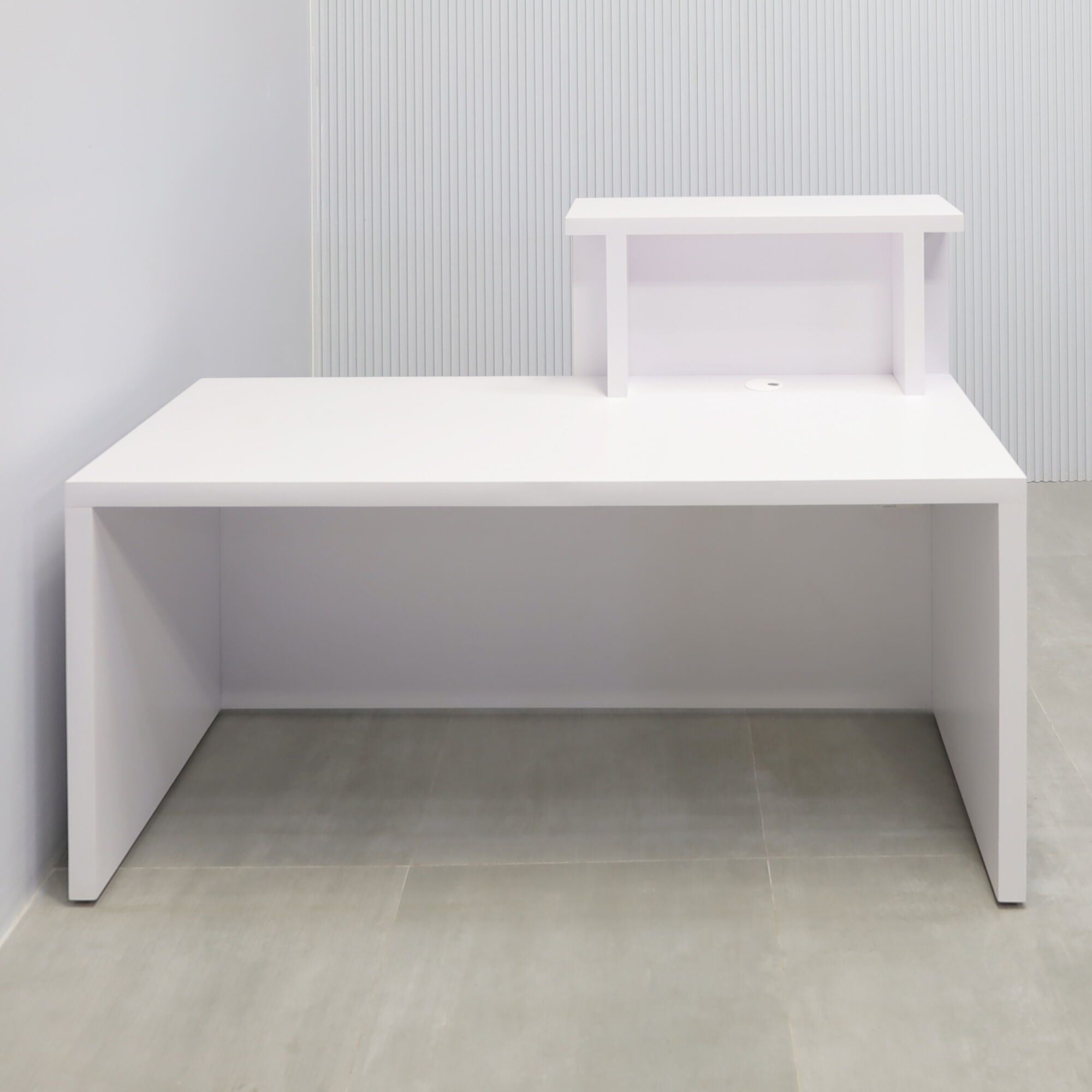 60-inch Los Angeles Reception Desk, left side counter when facing front, in white matte laminate counter and desk.