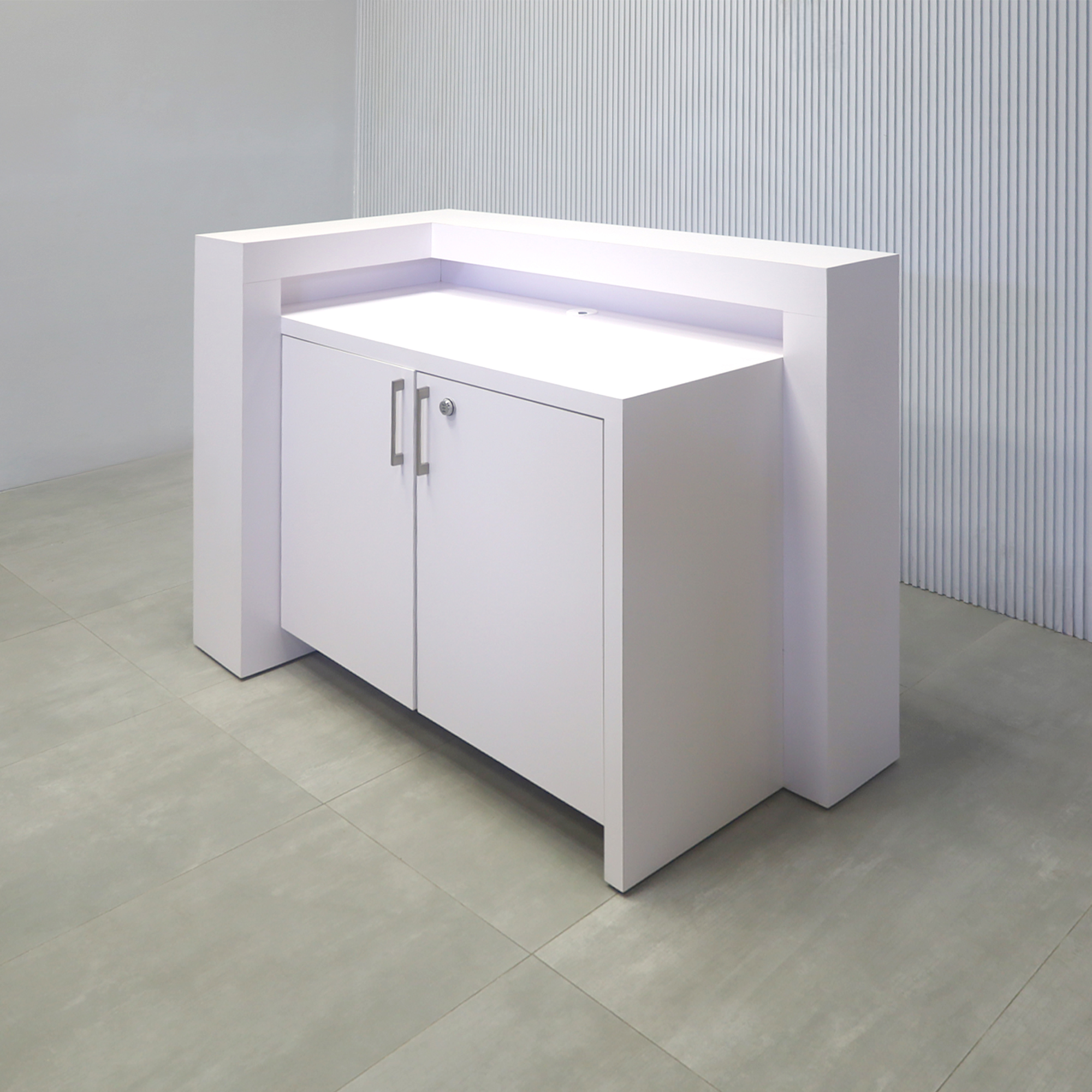 60-inch New York L-Shape Reception Desk with White Matte laminate counter, White Matte laminate workspace, White Matte laminate accent panel, Solenne Marble slats, and Color LED.
