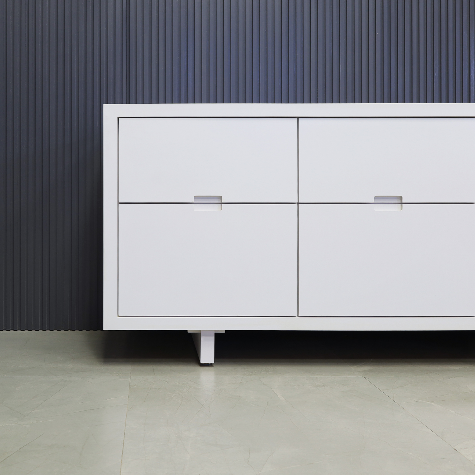 60-inch Seattle storage credenza in white matte laminate credenza and doors, shown here.