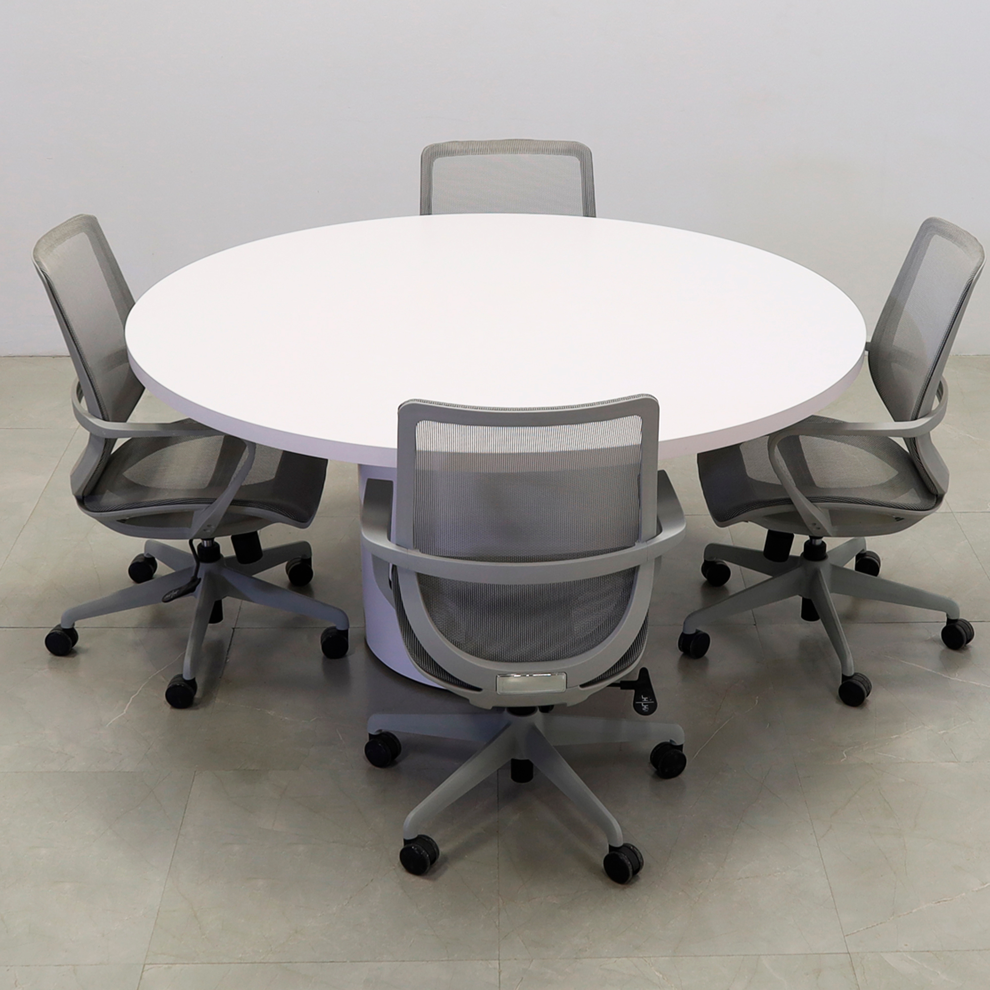 60-inch Newton Round Conference Table in white matte laminate top & base, shown here.
