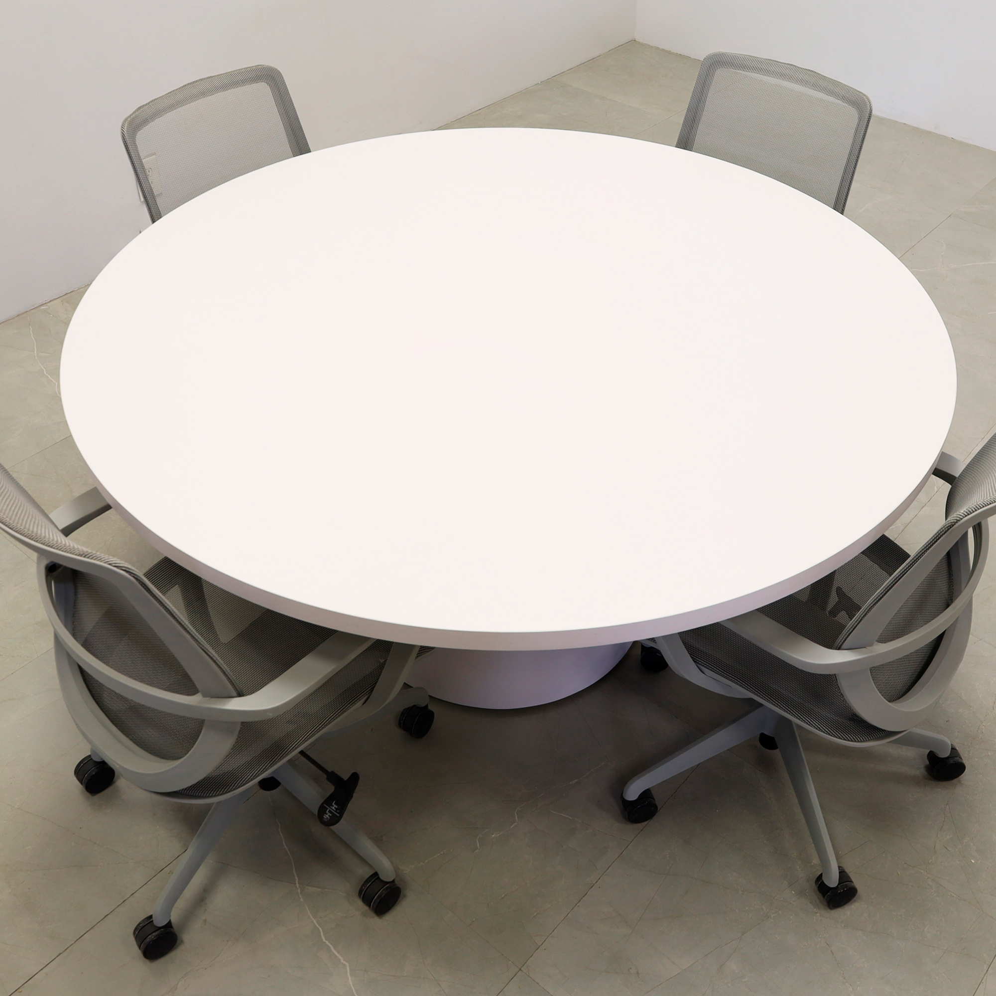 60-inch Newton Round Conference Table in white matte laminate top & base, shown here.