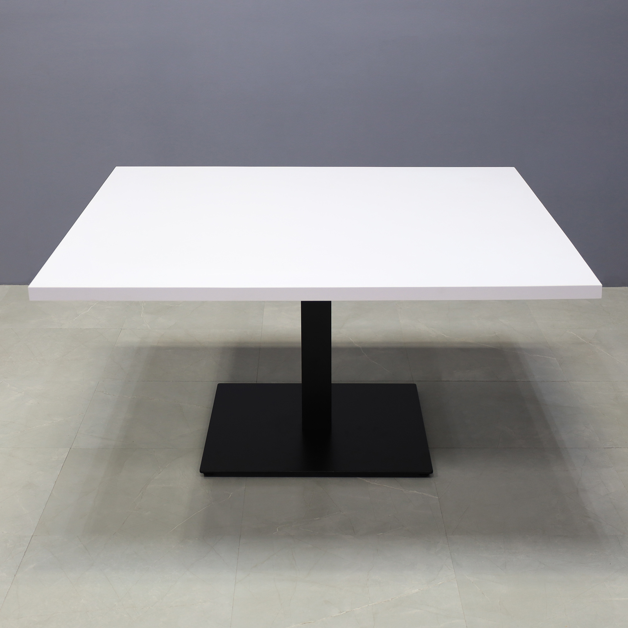 60-inch California Square Conference Table with Laminate Top in white matte and black stainless steel base, shown here.