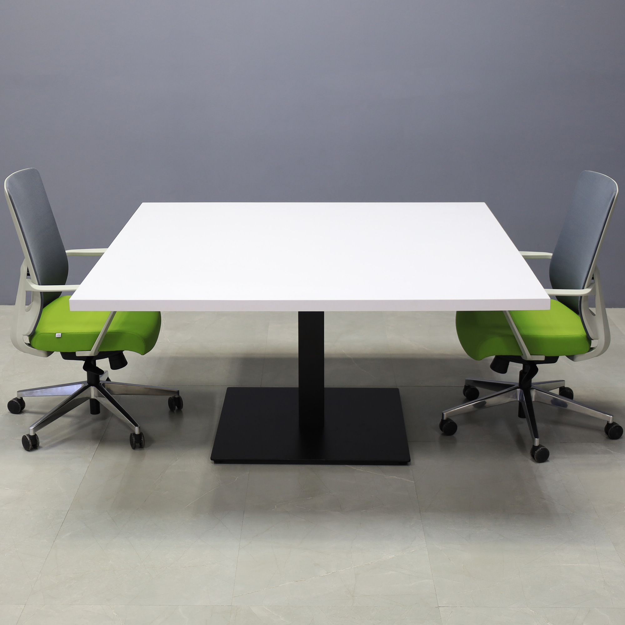 60-inch Newton Square Conference Table with X1 Base in white matte and black metal powder-coated base.